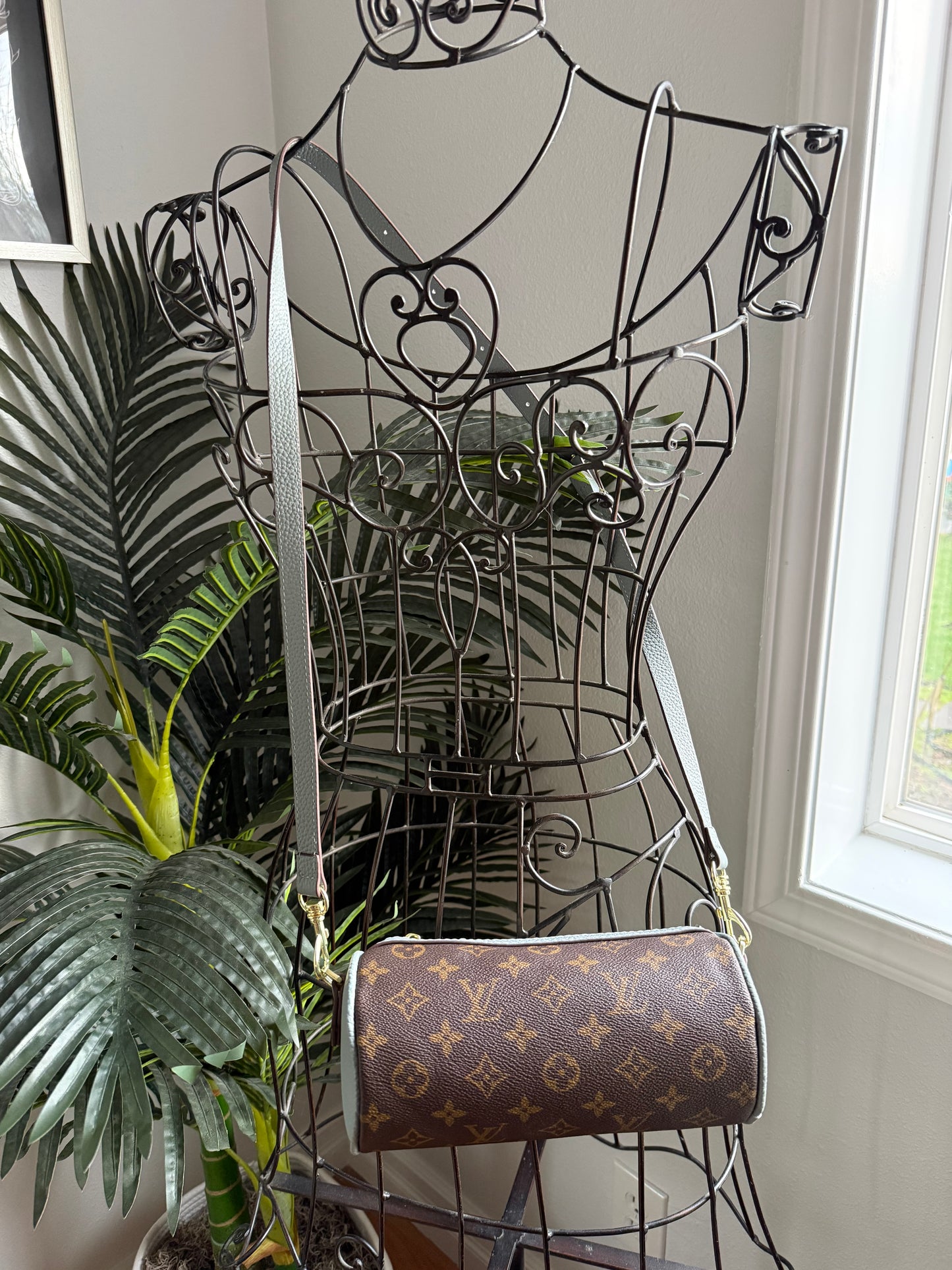 { AIMEE } Handmade Barrel Bag in Dusty Blue + Mono