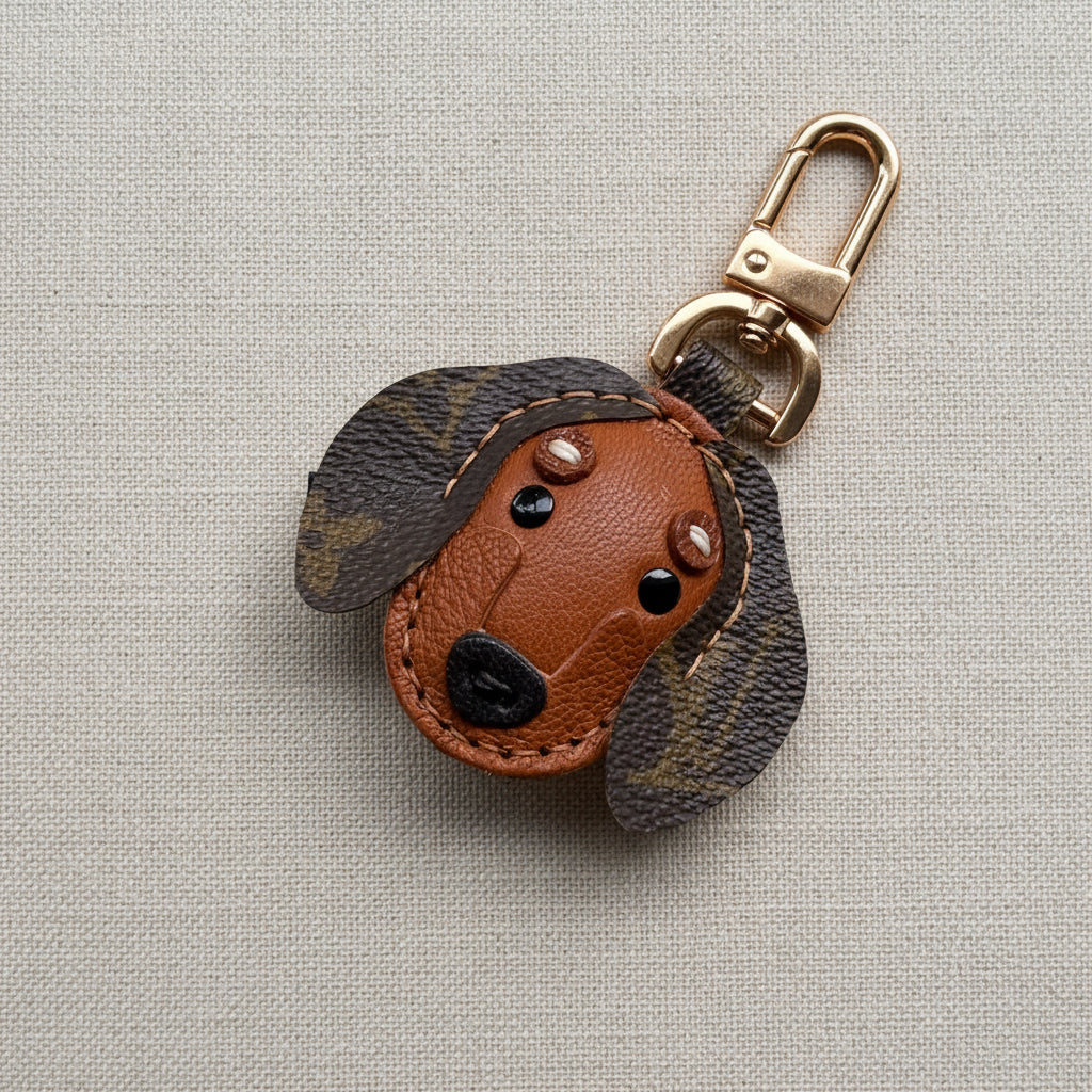 A dachshund-shaped leather keychain bag charm with a brown leather face, dark luxury canvas patterned ears, and a gold metal clasp, displayed on a textured mustard yellow background.