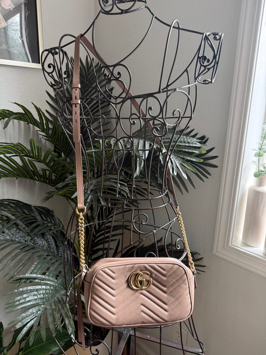 Authentic Preloved Calfskin Classic Matelasse Small GG Marmont Chain Shoulder Bag in Porcelain Rose