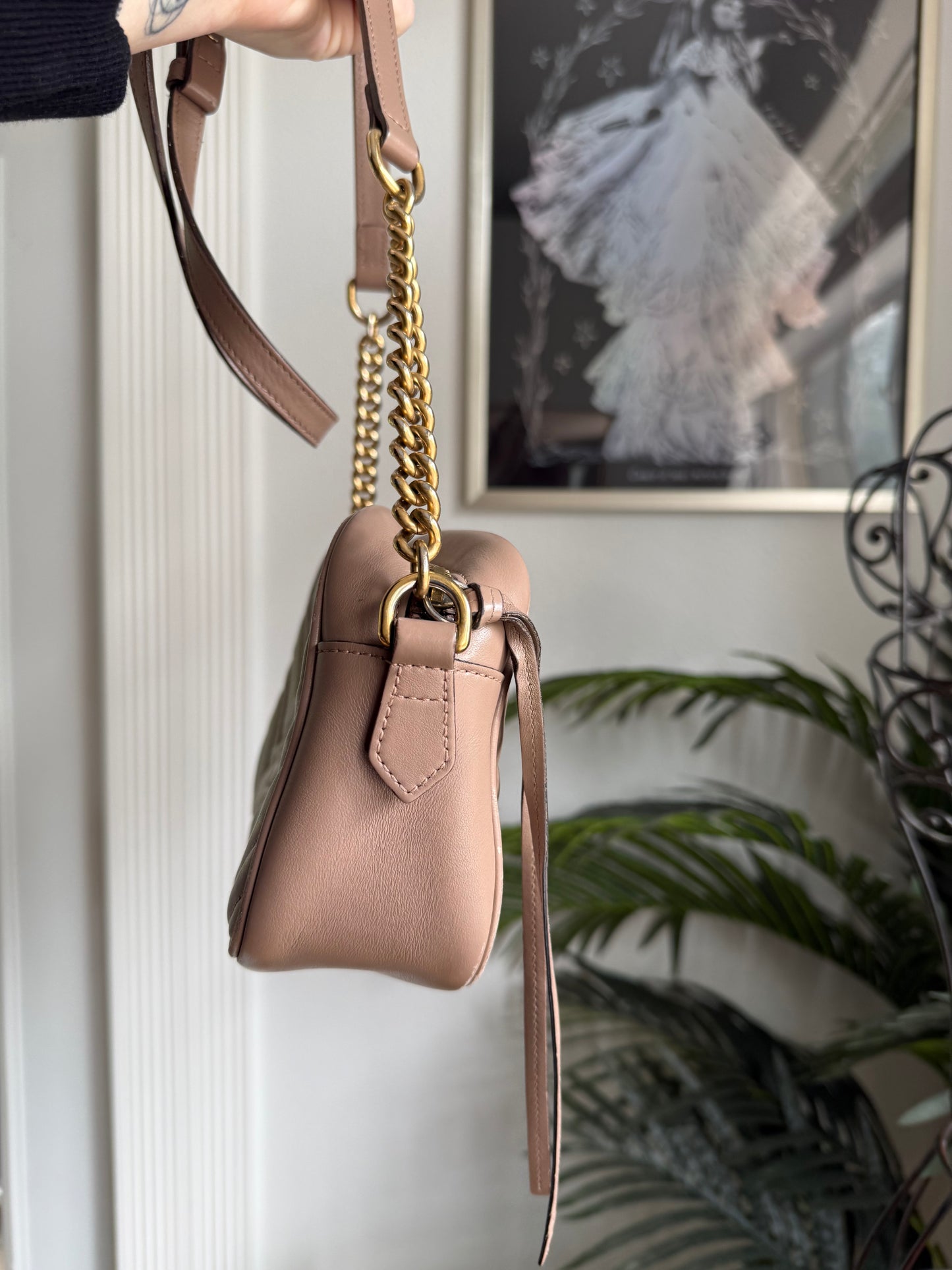 Authentic Preloved Calfskin Classic Matelasse Small GG Marmont Chain Shoulder Bag in Porcelain Rose