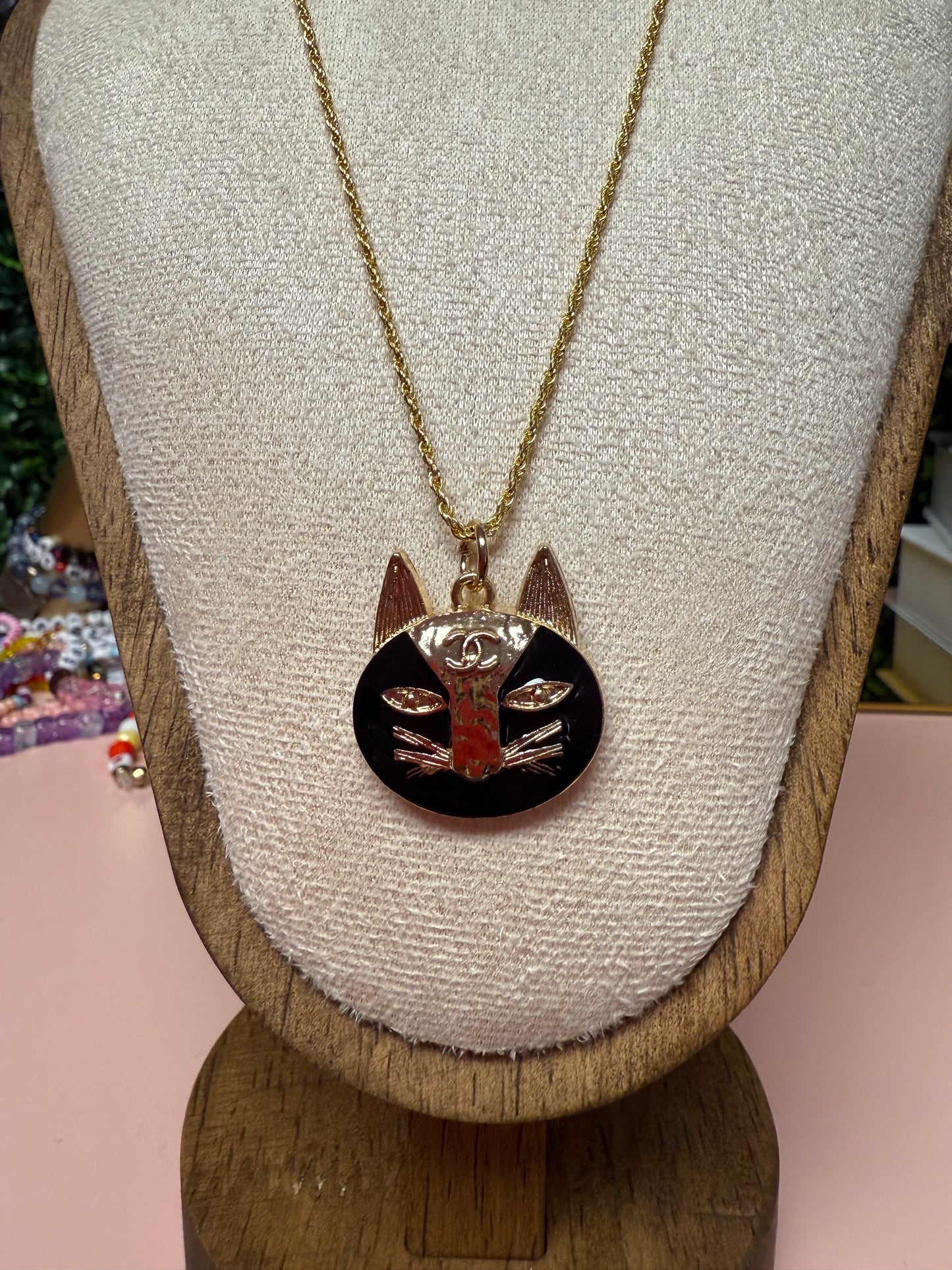 Vintage Upcycled Lux CC Cat Necklace in black
