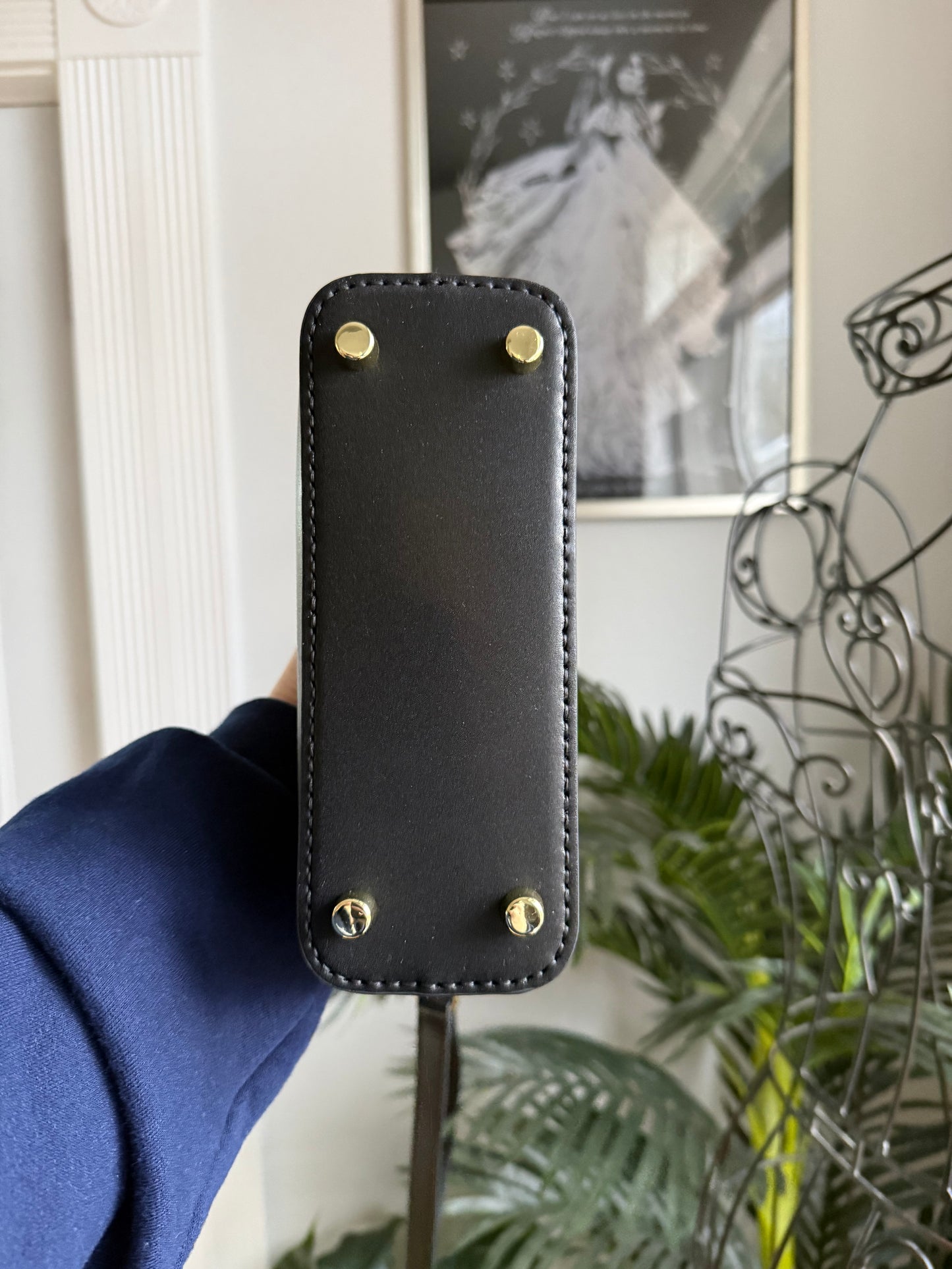 Handmade Mono + Black Leather Crossbody Bucket Bag