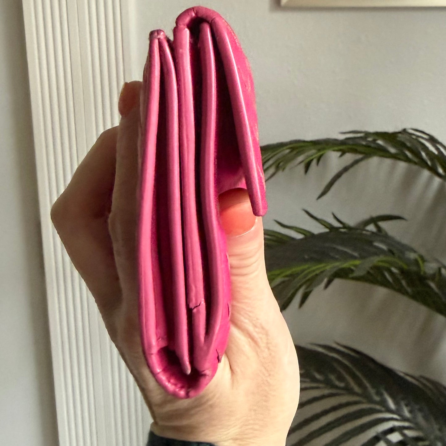 Authentic Preloved Bright Pink Bottega Long Wallet on Chain
