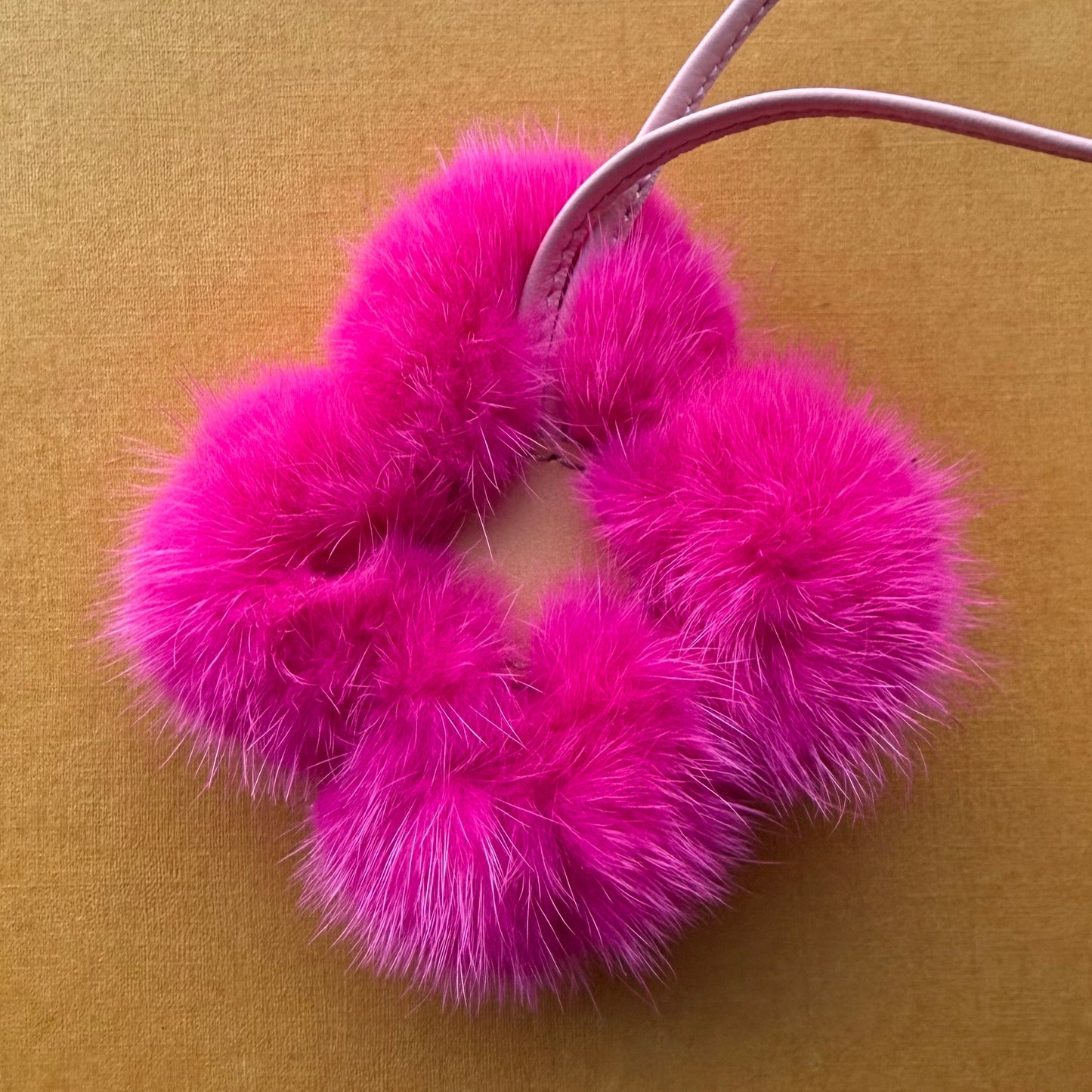 Handmade Bright Pink Fur + Mono Heart Sunny Doll Bag Charm - Leather
