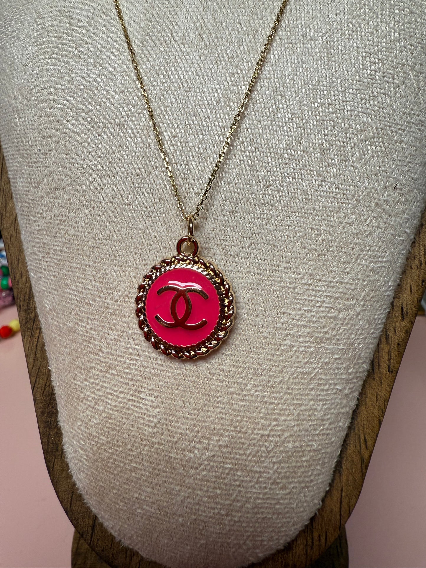 LOVER ERA Upcycled Lux CC Charm Necklace in Bright Pink