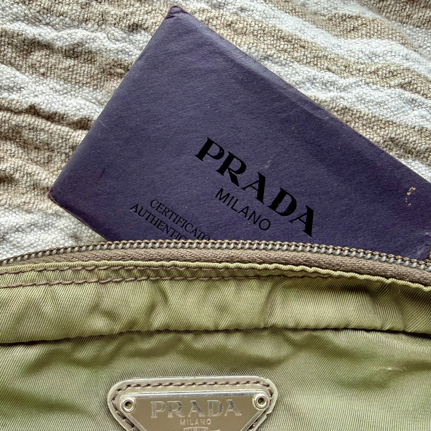 Luxury Authentic Preloved Vintage P R A D A Cosmetics Bag in Military Green