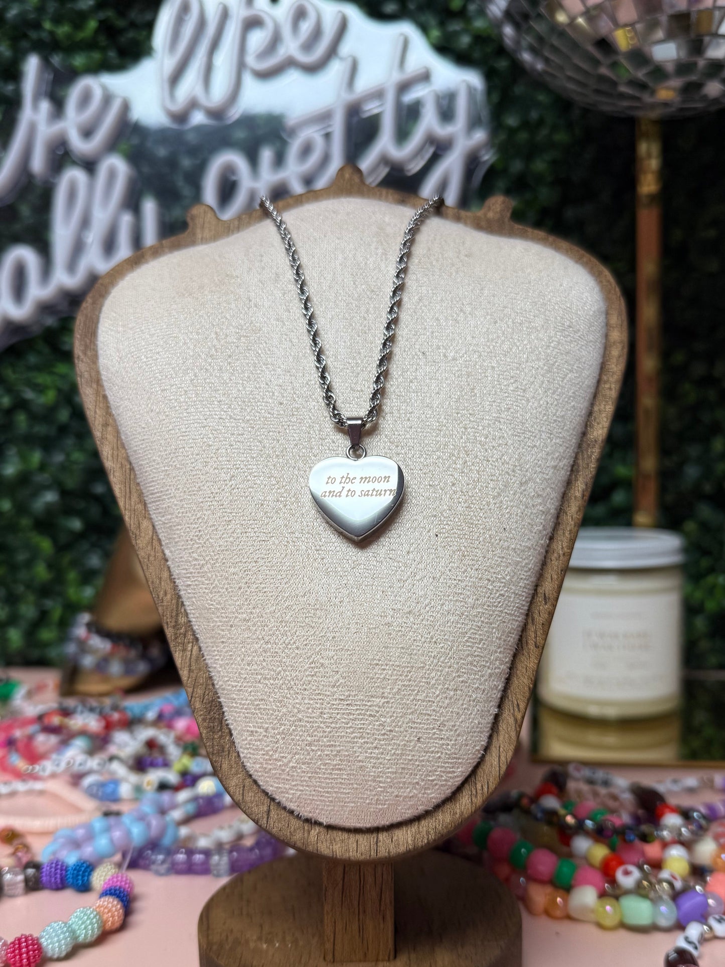 Moon & Saturn Silver Heart Necklace