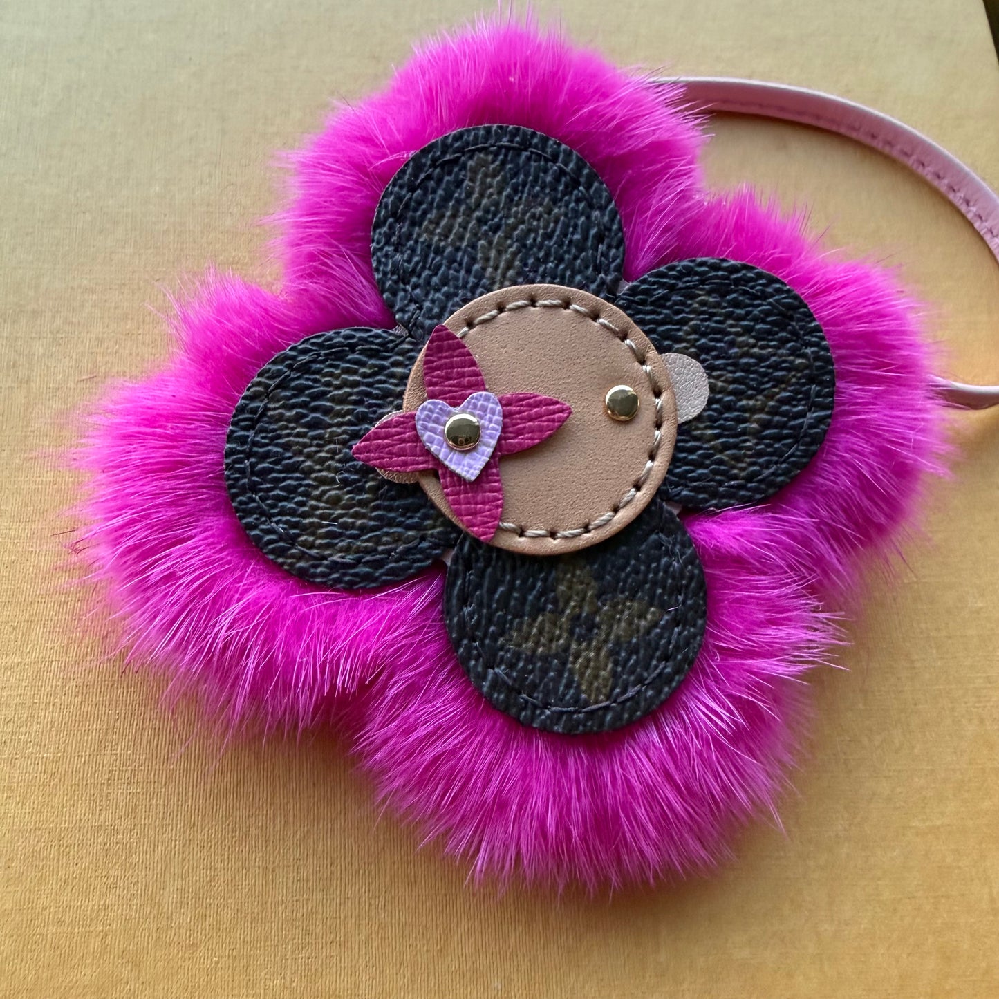 Handmade Bright Pink Fur + Mono Heart Sunny Doll Bag Charm - Leather