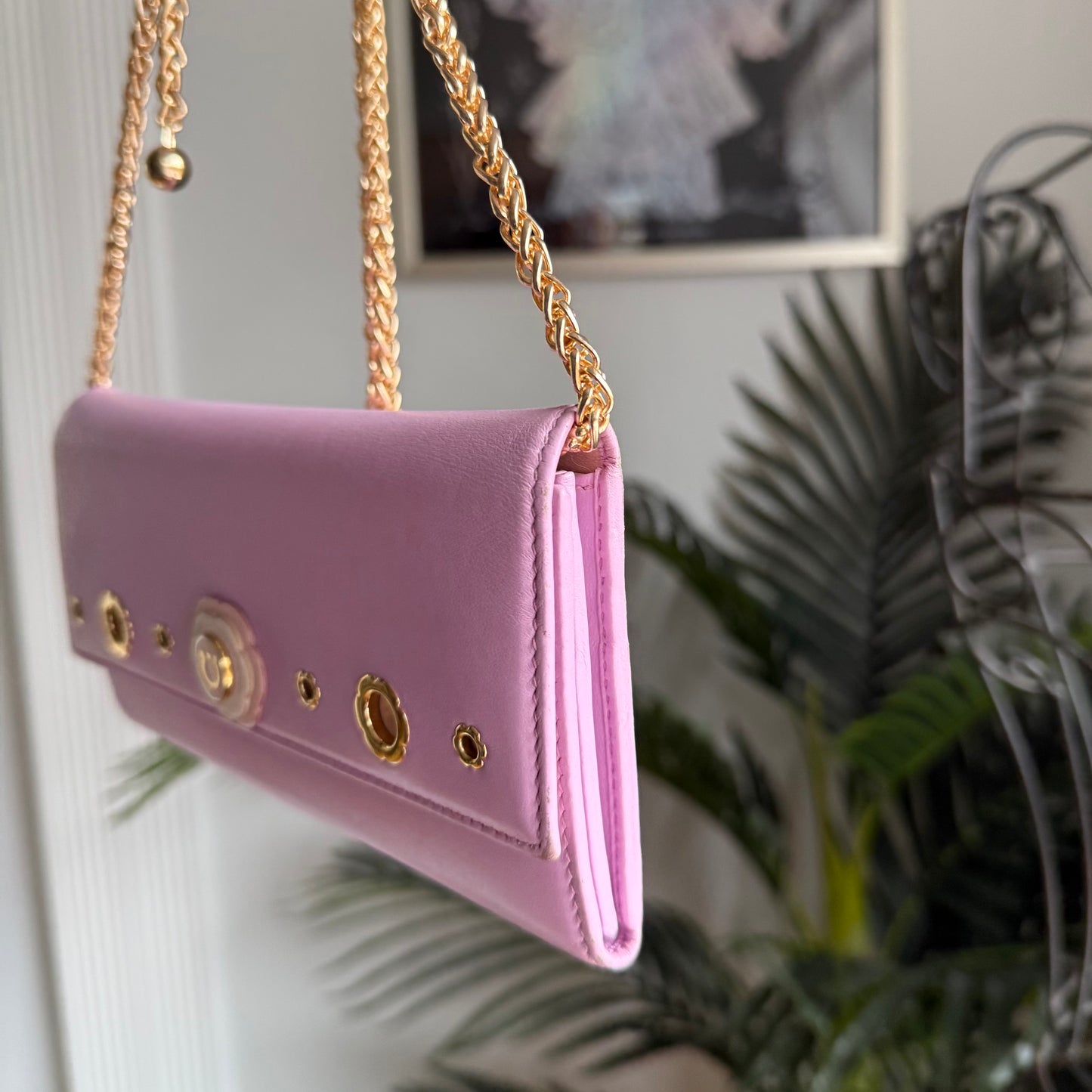 Authentic Preloved Ferragamo Long Wallet on chain - lilac and light pink floral grommet