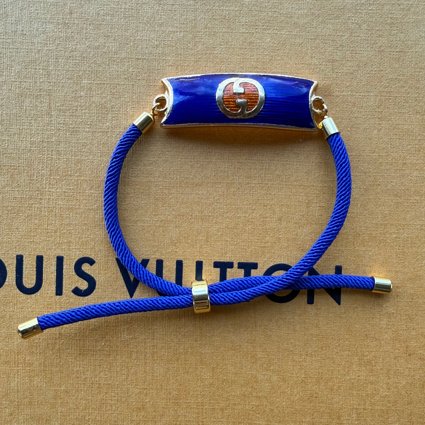 Upcycled Authentic Vintage 70’s Gucci Blue & Orange Enameled Logo Bracelet