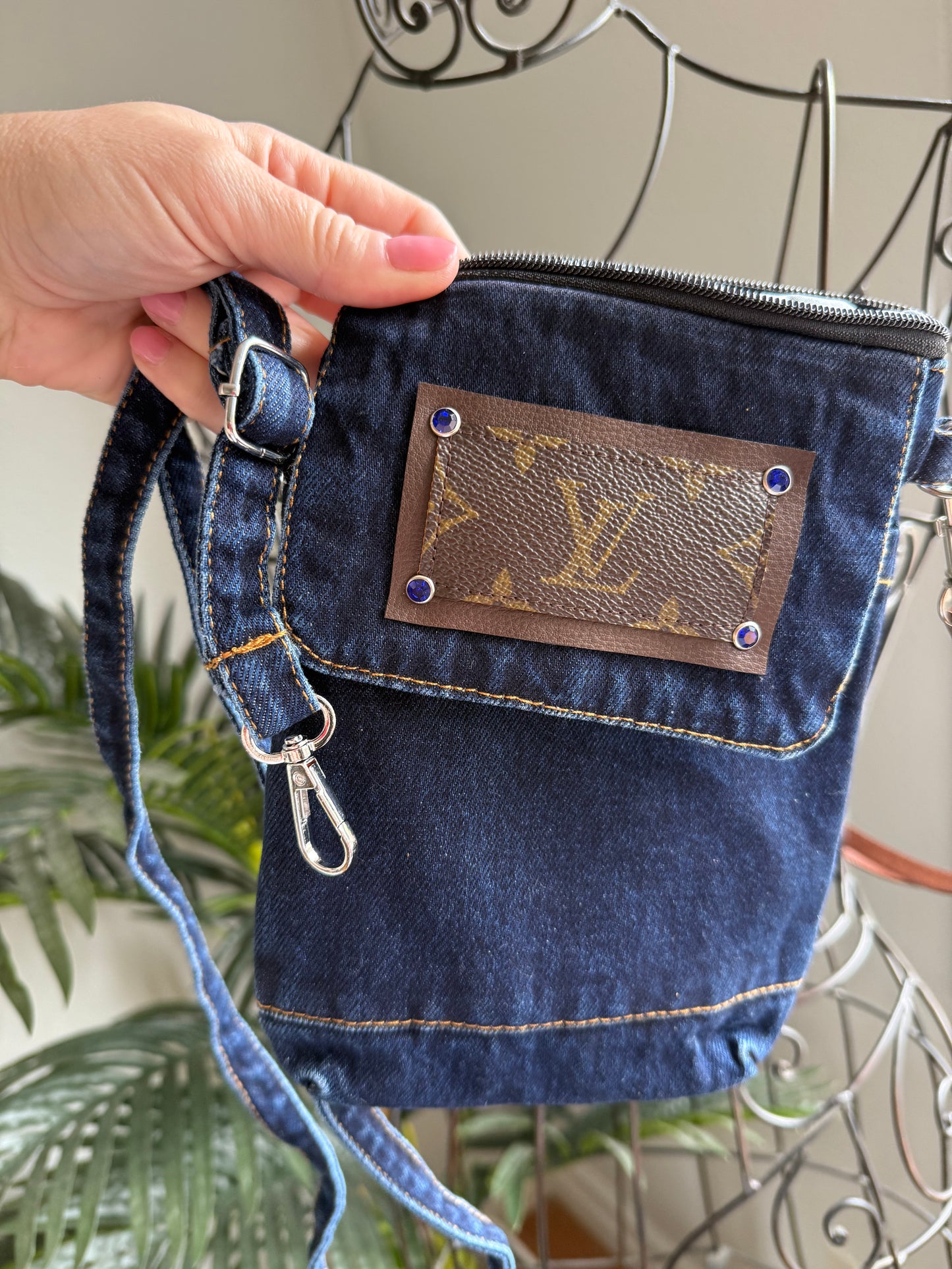 Dark Denim Crossbody with Mono Patch