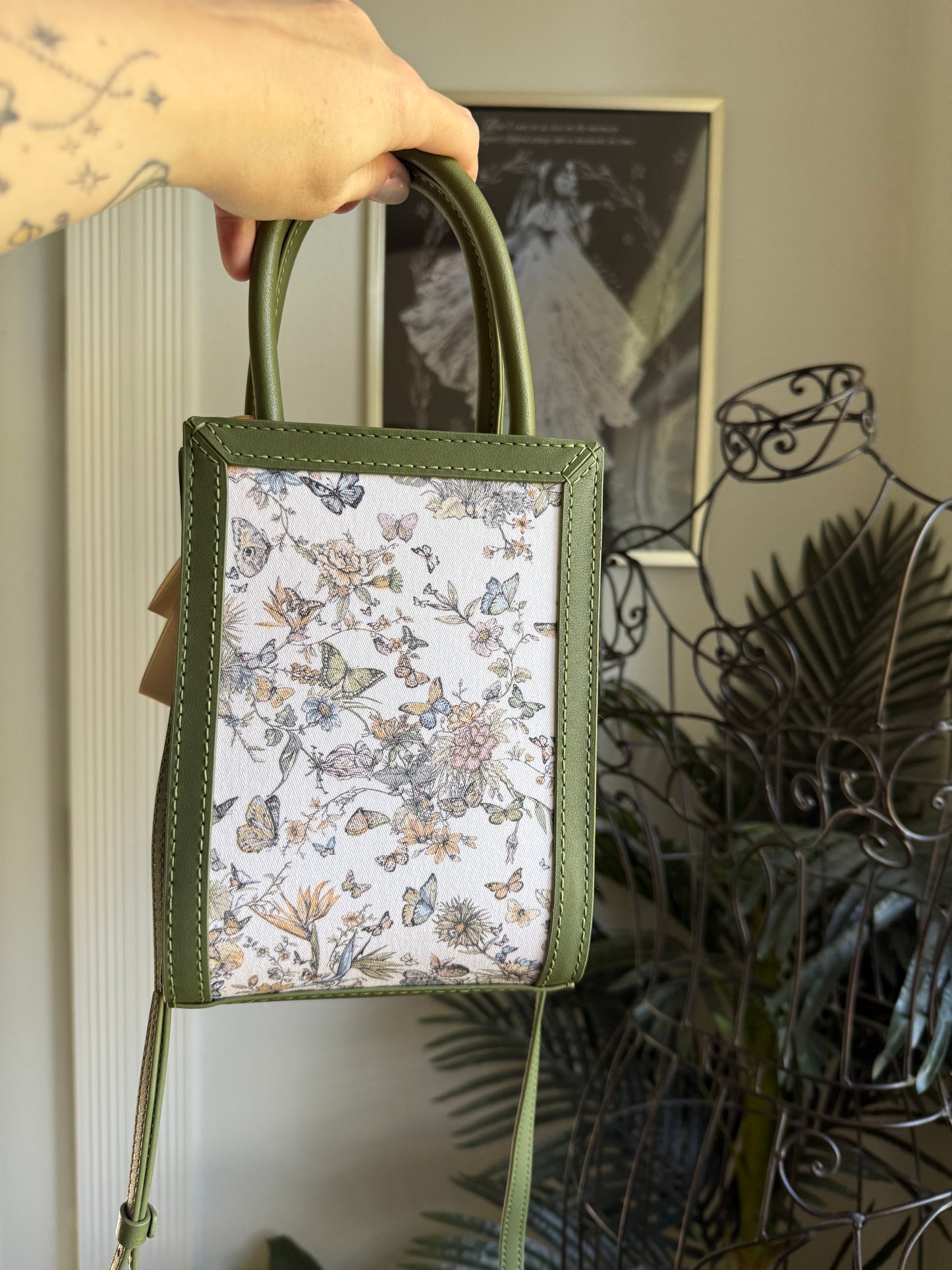 { HONEY } Handmade Upcycled DI OR Butterflies Dusty +  Green Leather Handbag