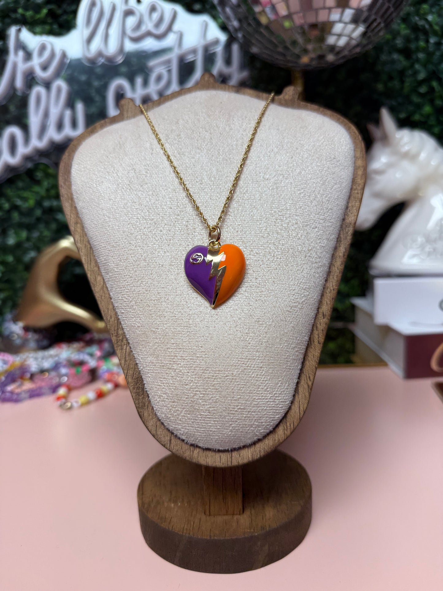 LIGHTNING STRIKES Vintage Upcycled Lux GG Charm Necklace in Orange + Purple