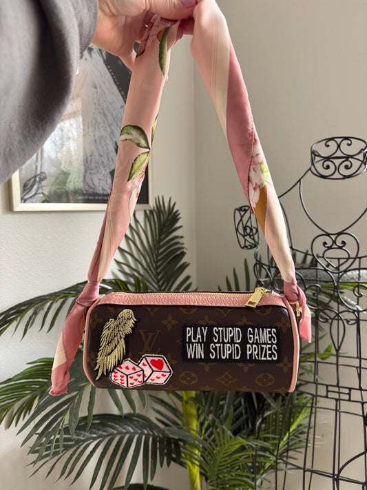 { AIMEE / TO MY LOVER } Handmade Patched Pink + Mono Barrel Bag