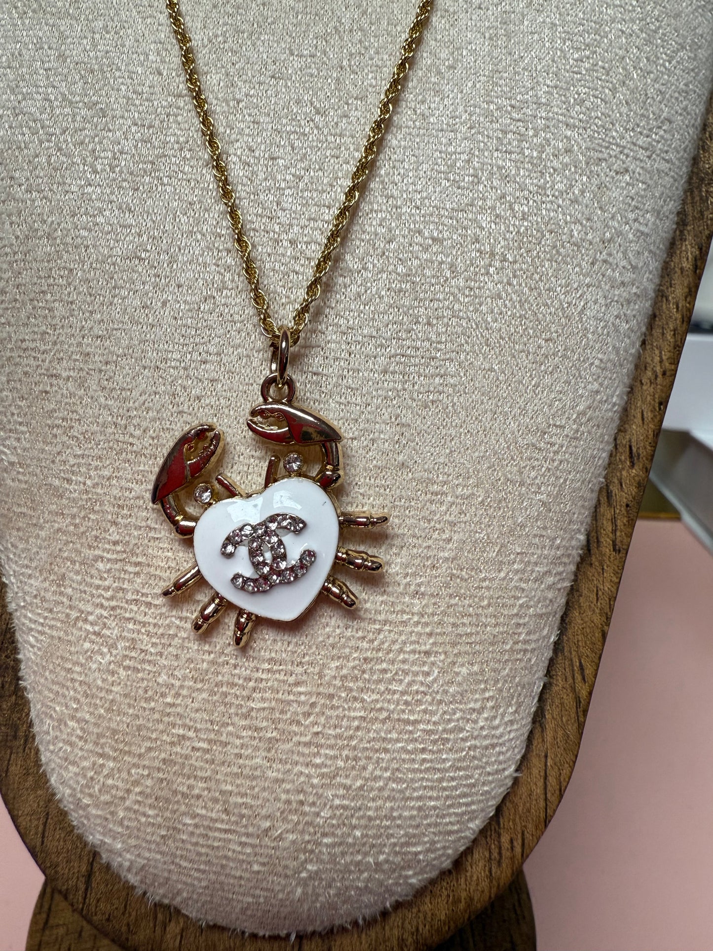 Vintage Upcycled Lux CC Crab Necklace in White