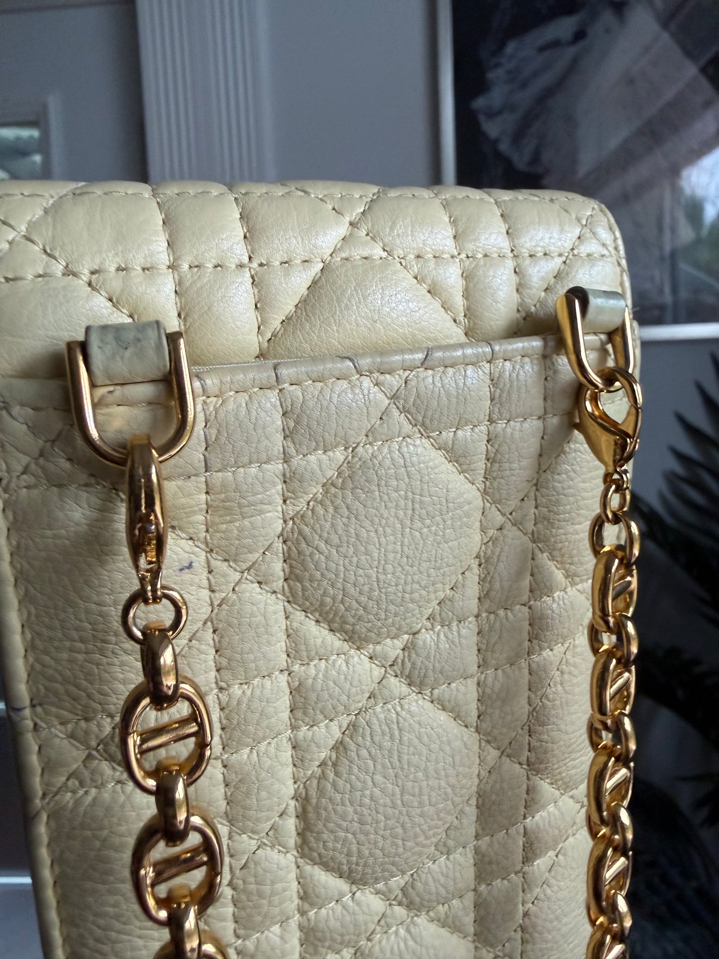 Authentic Preloved Christian Dior Caro Phone Holder with Chain in beige calfskin