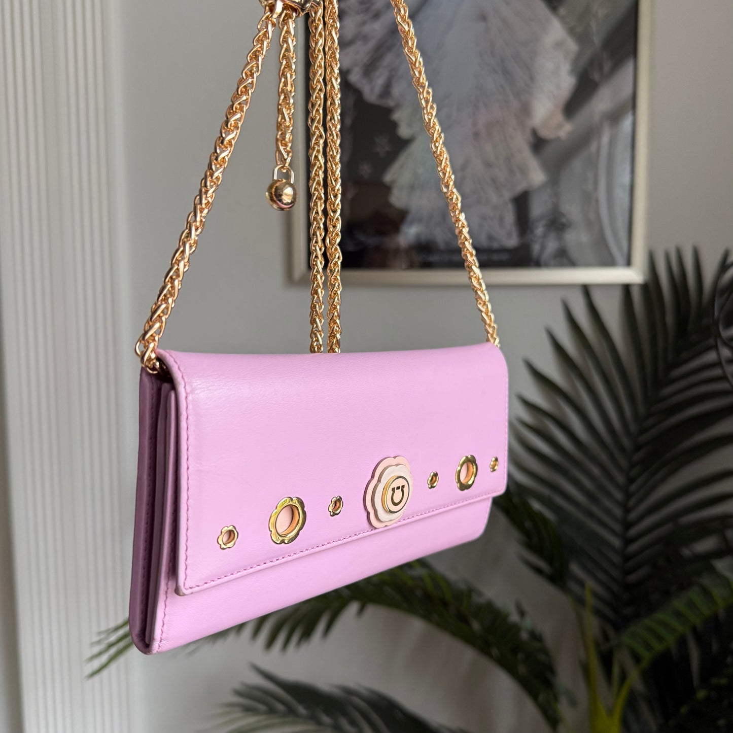 Authentic Preloved Ferragamo Long Wallet on chain - lilac and light pink floral grommet