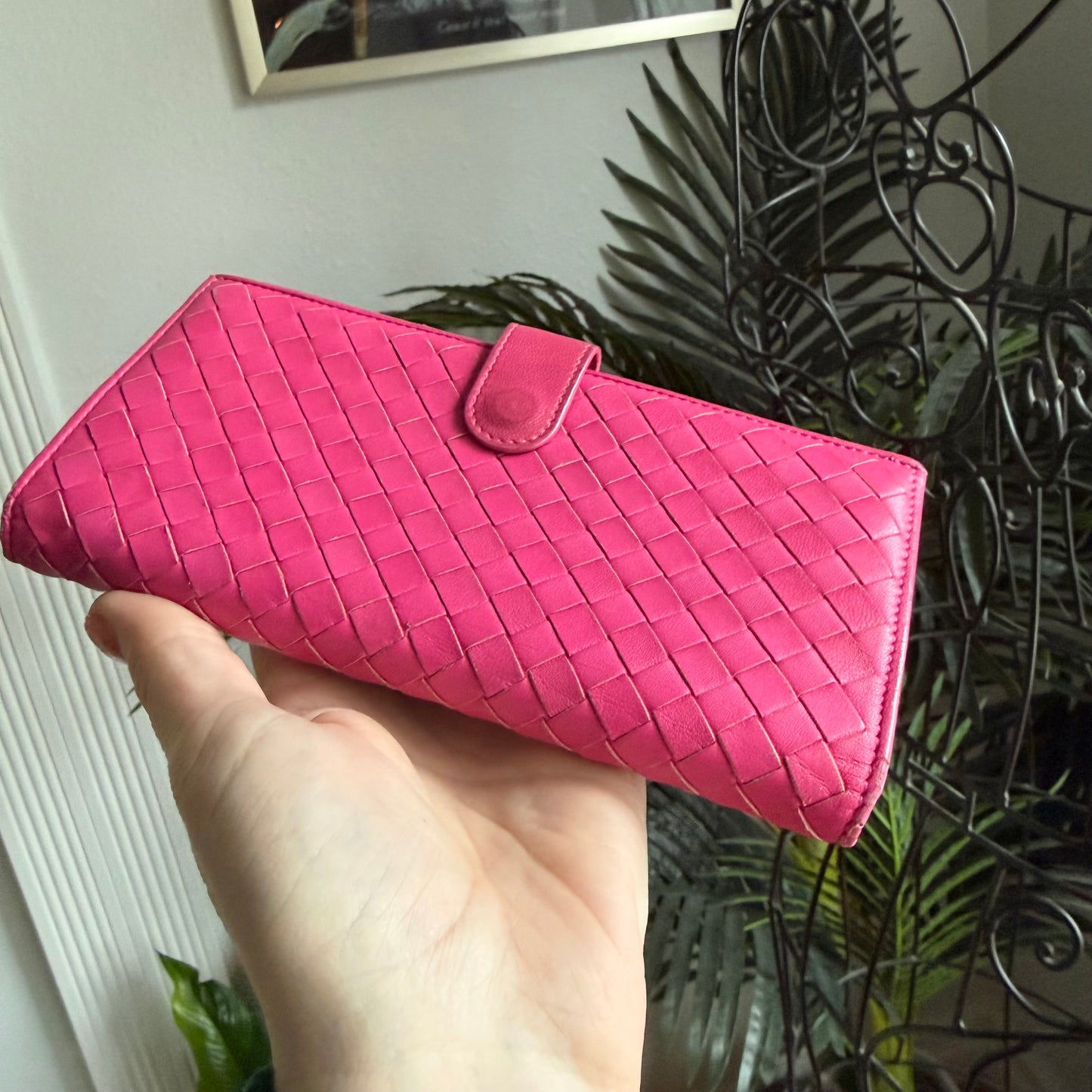 Authentic Preloved Bright Pink Bottega Long Wallet on Chain