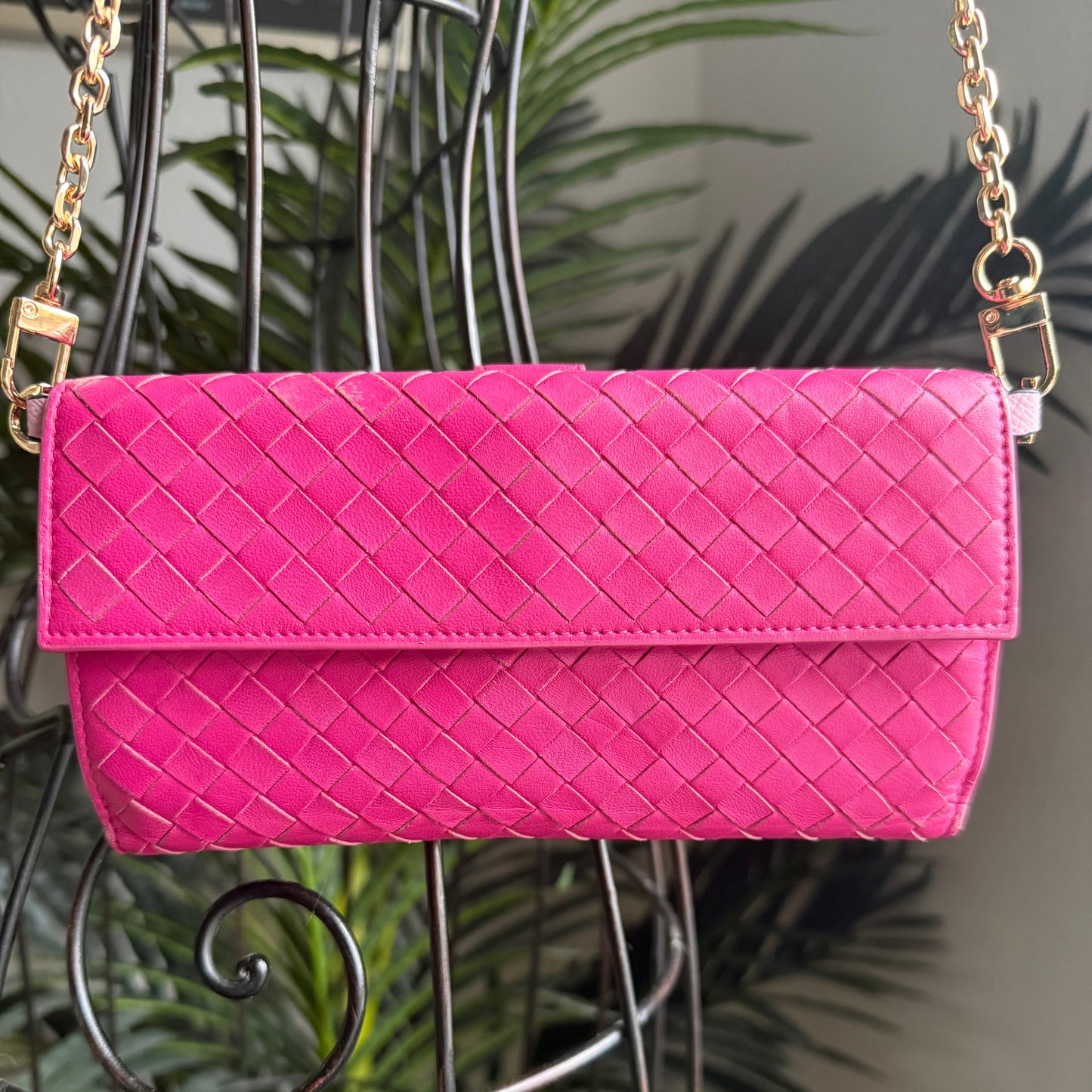 Authentic Preloved Bright Pink Bottega Long Wallet on Chain