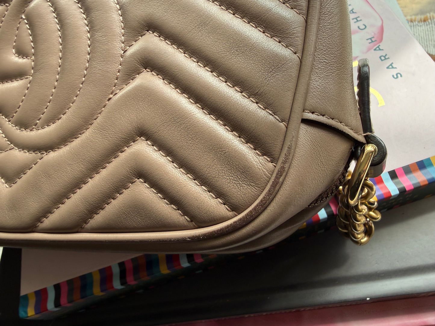 Authentic Preloved Calfskin Classic Matelasse Small GG Marmont Chain Shoulder Bag in Porcelain Rose