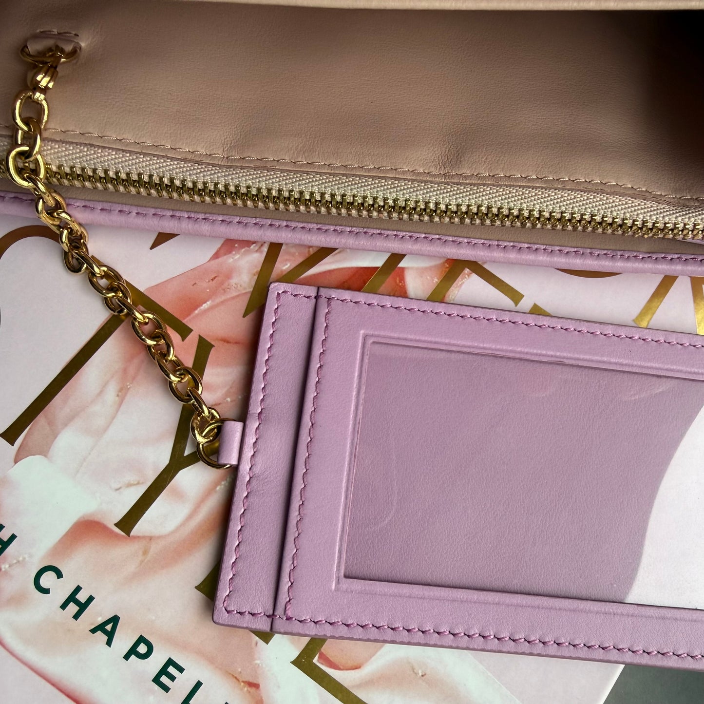 Authentic Preloved Ferragamo Long Wallet on chain - lilac and light pink floral grommet