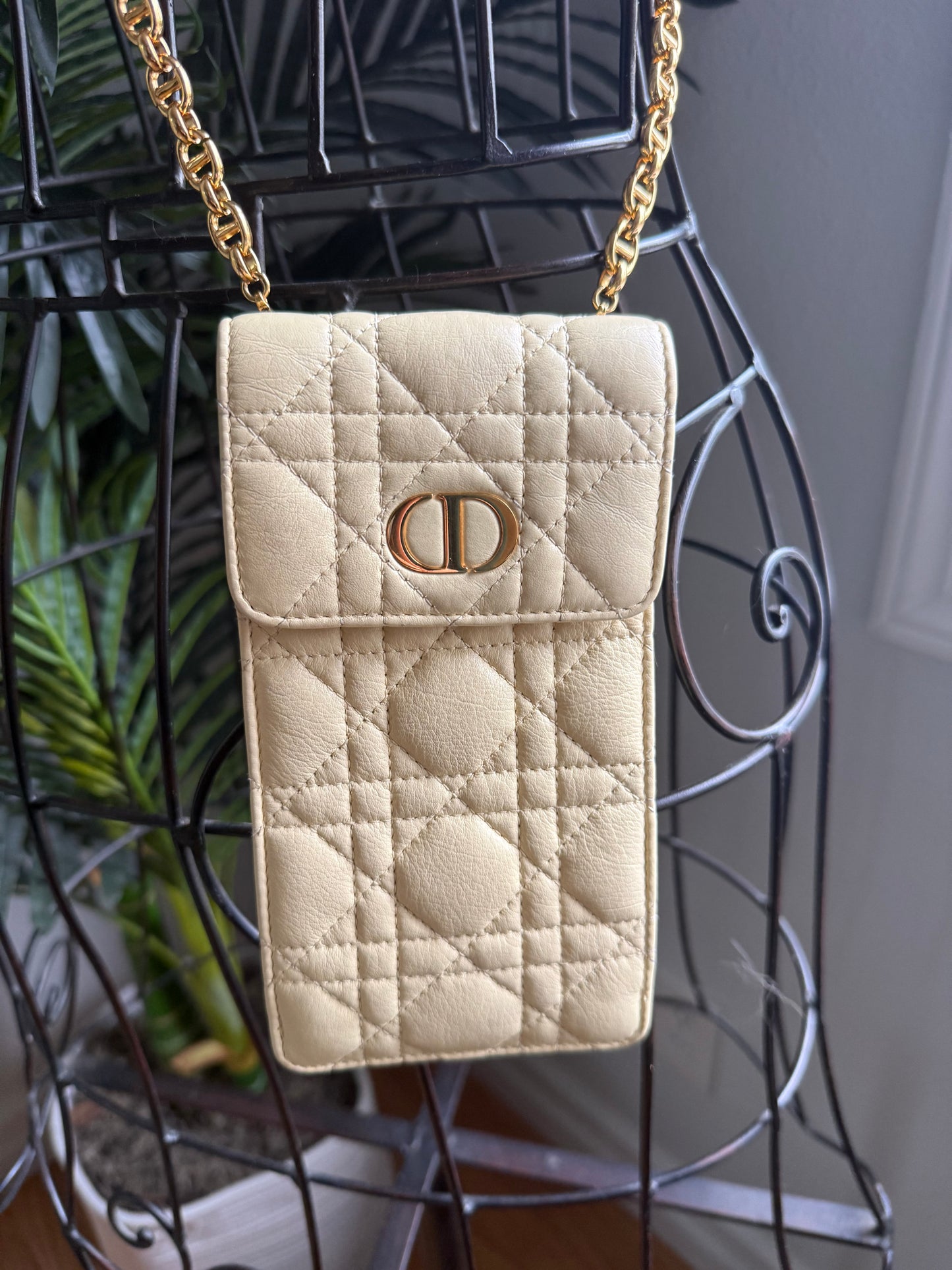 Authentic Preloved Christian Dior Caro Phone Holder with Chain in beige calfskin