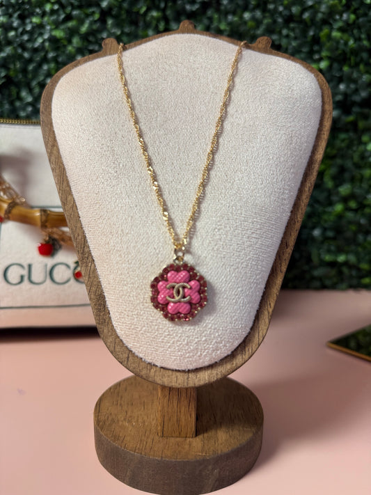 Vintage Upcycled Lux CC Pink Clover Necklace