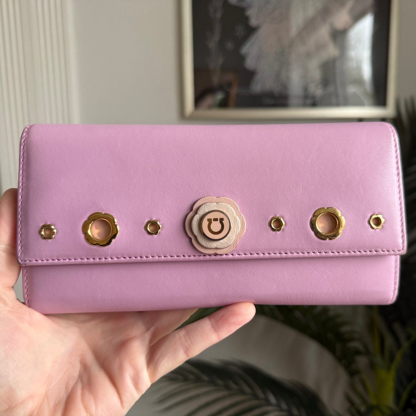 Authentic Preloved Ferragamo Long Wallet on chain - lilac and light pink floral grommet