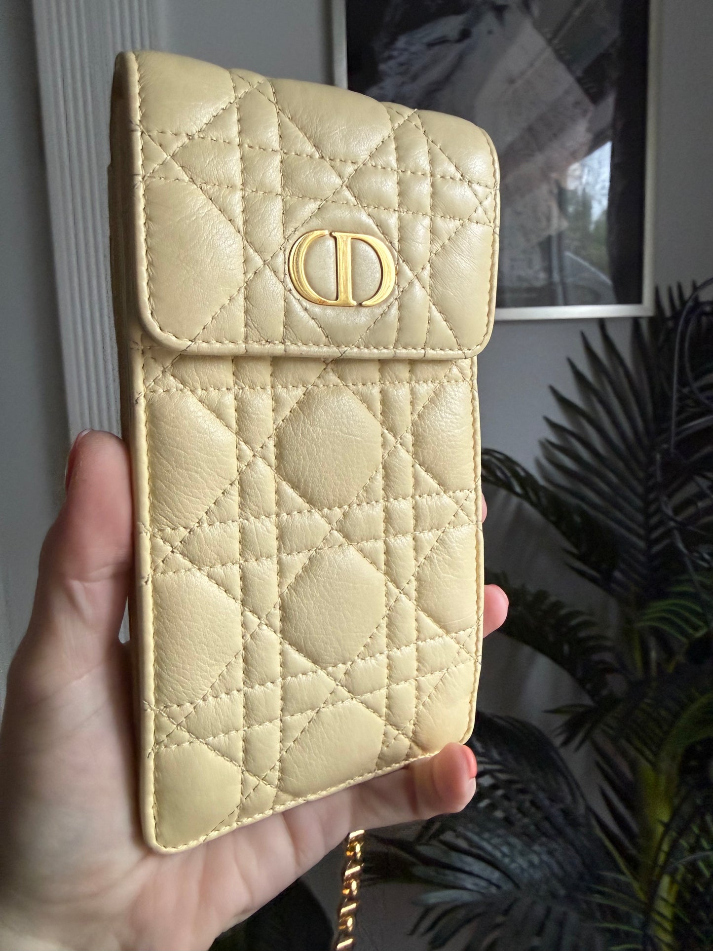 Authentic Preloved Christian Dior Caro Phone Holder with Chain in beige calfskin