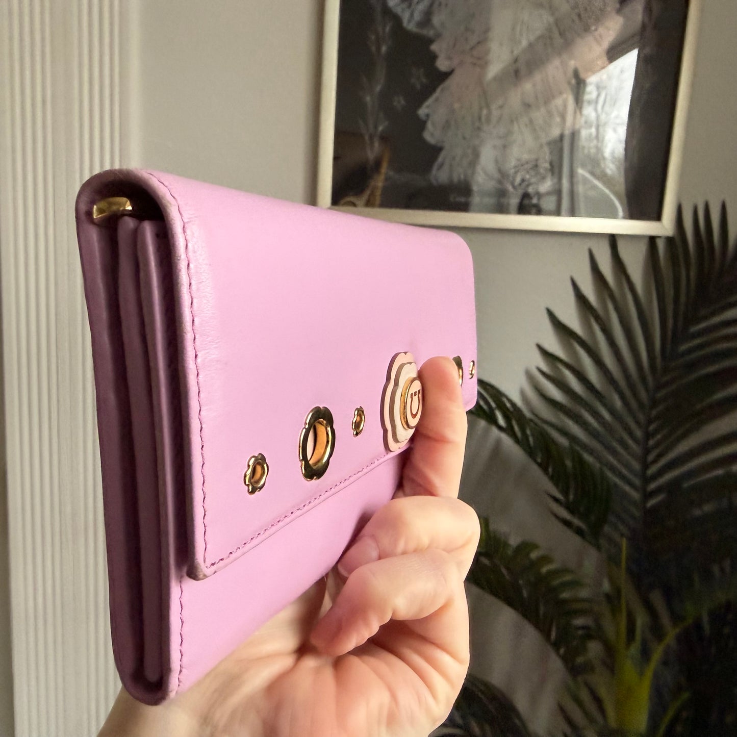 Authentic Preloved Ferragamo Long Wallet on chain - lilac and light pink floral grommet