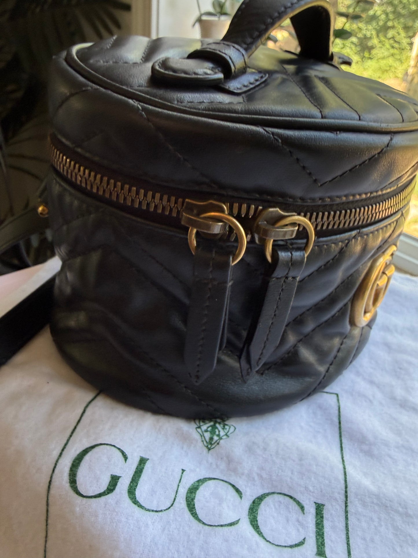 Authentic Preloved GUCCI Black Quilted Leather Marmont Mini Round Backpack Bag