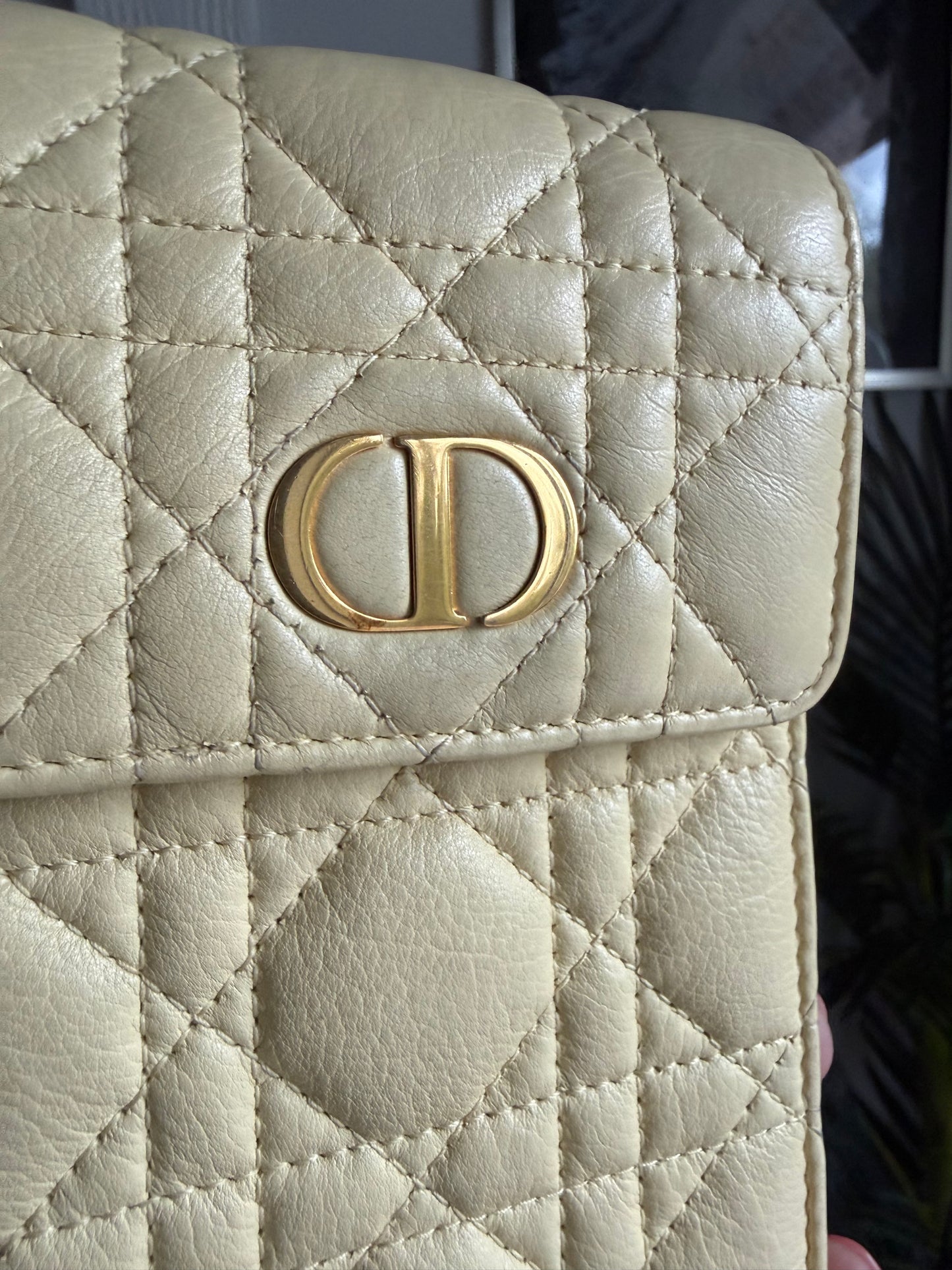 Authentic Preloved Christian Dior Caro Phone Holder with Chain in beige calfskin