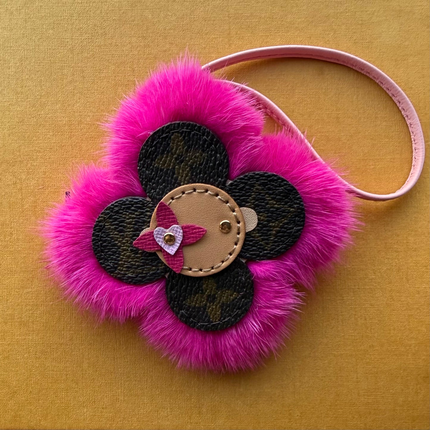 Handmade Bright Pink Fur + Mono Heart Sunny Doll Bag Charm - Leather