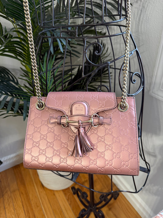 SOLD * Preloved Authentic Metallic Rose Patent Leather Gucci EMILY Chain Shoulder Bag