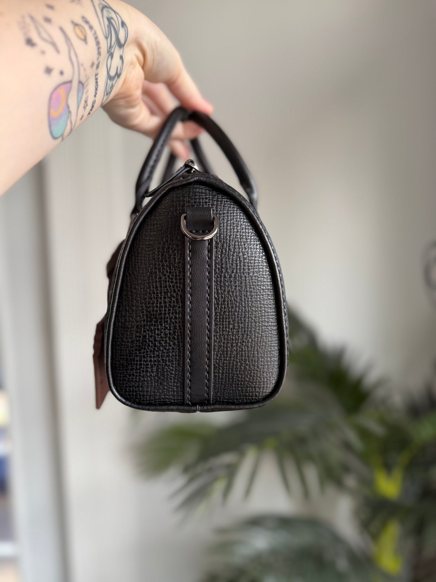 GOOEY V - Handmade Upcycled Drippy Mono + Leather Boston Bag