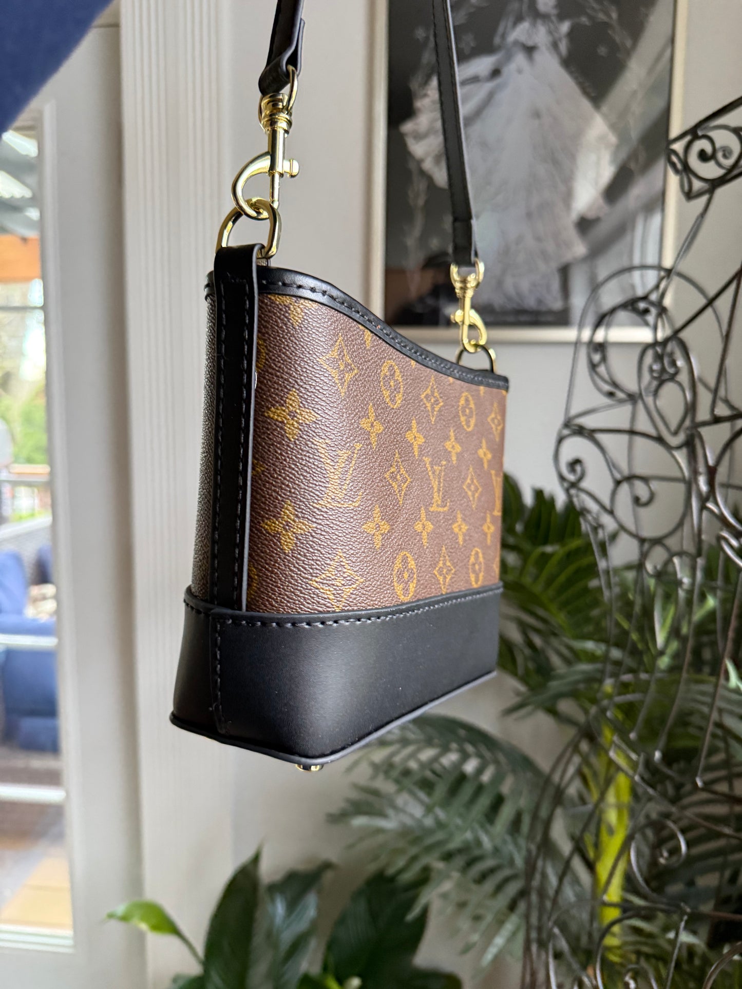 Handmade Mono + Black Leather Crossbody Bucket Bag