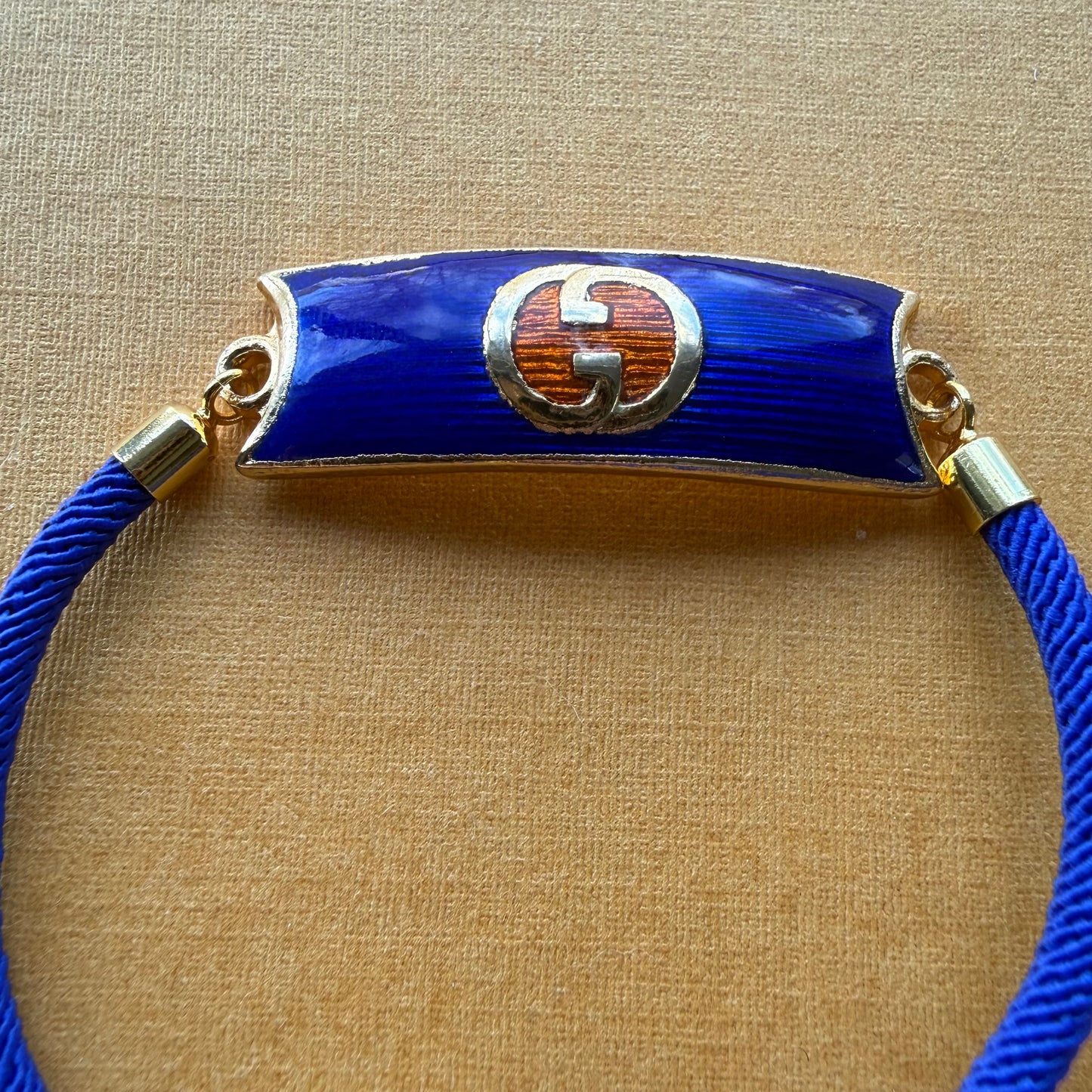 Upcycled Authentic Vintage 70’s Gucci Blue & Orange Enameled Logo Bracelet