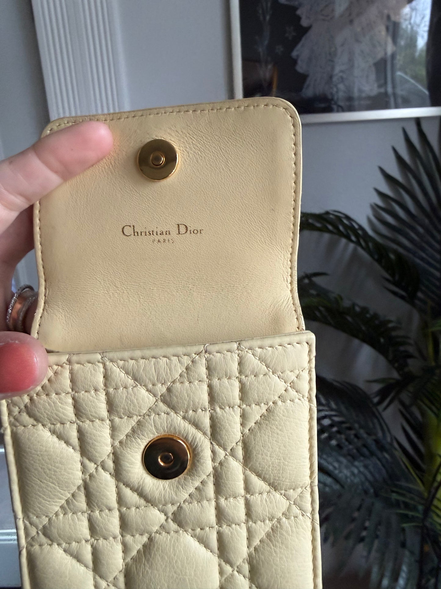 Authentic Preloved Christian Dior Caro Phone Holder with Chain in beige calfskin