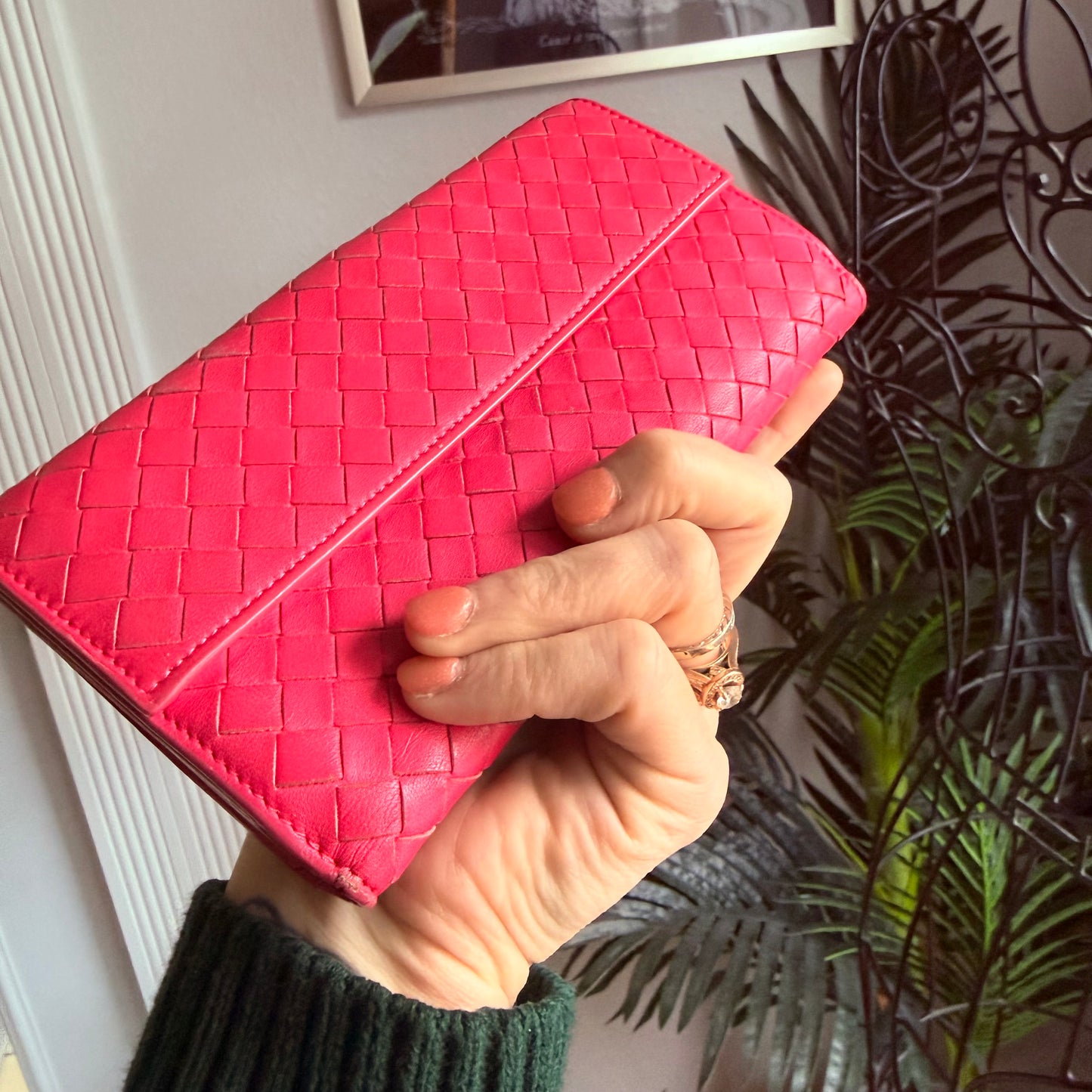 Authentic Preloved Bright Pink Bottega Long Wallet on Chain