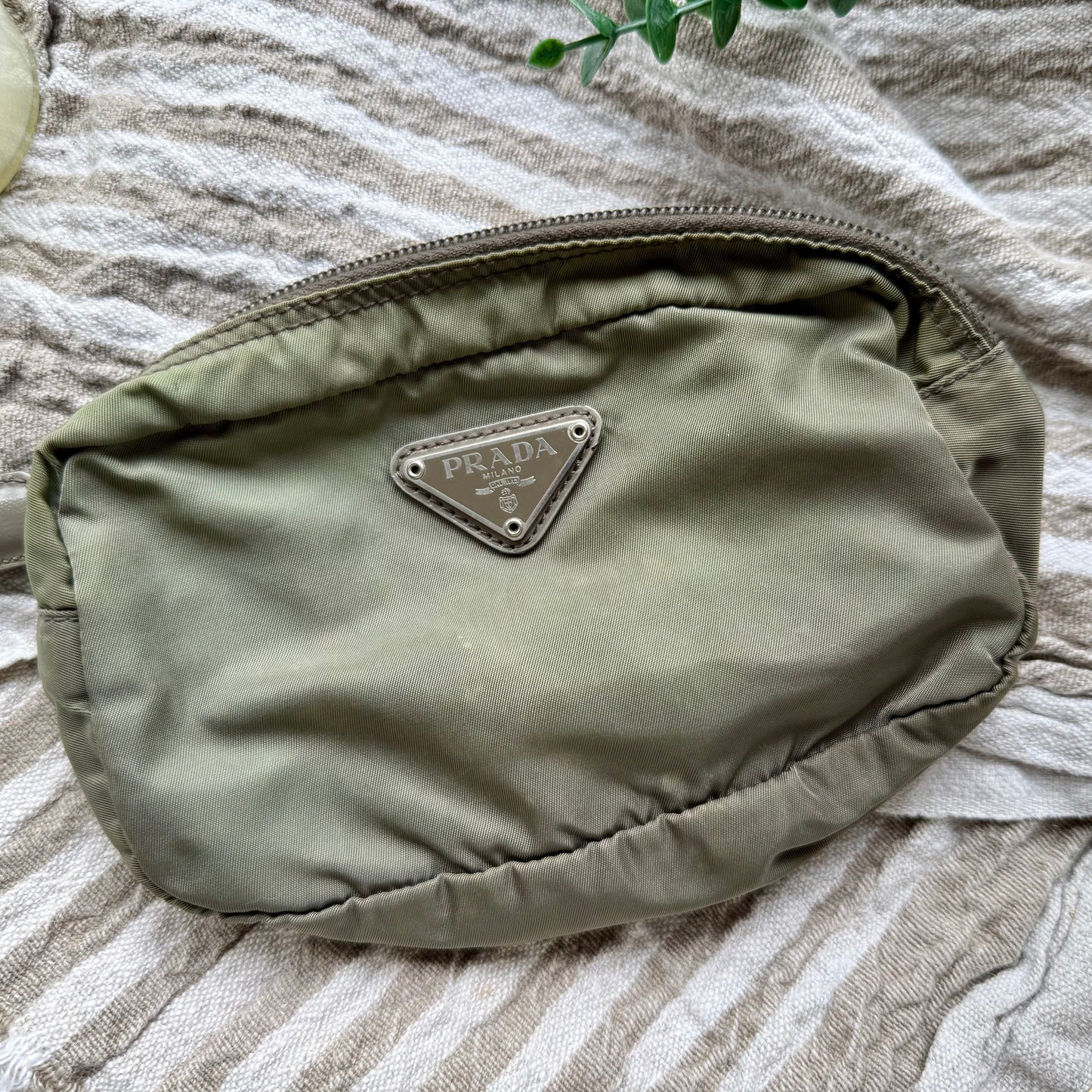 Luxury Authentic Preloved Vintage P R A D A Cosmetics Bag in Military Green