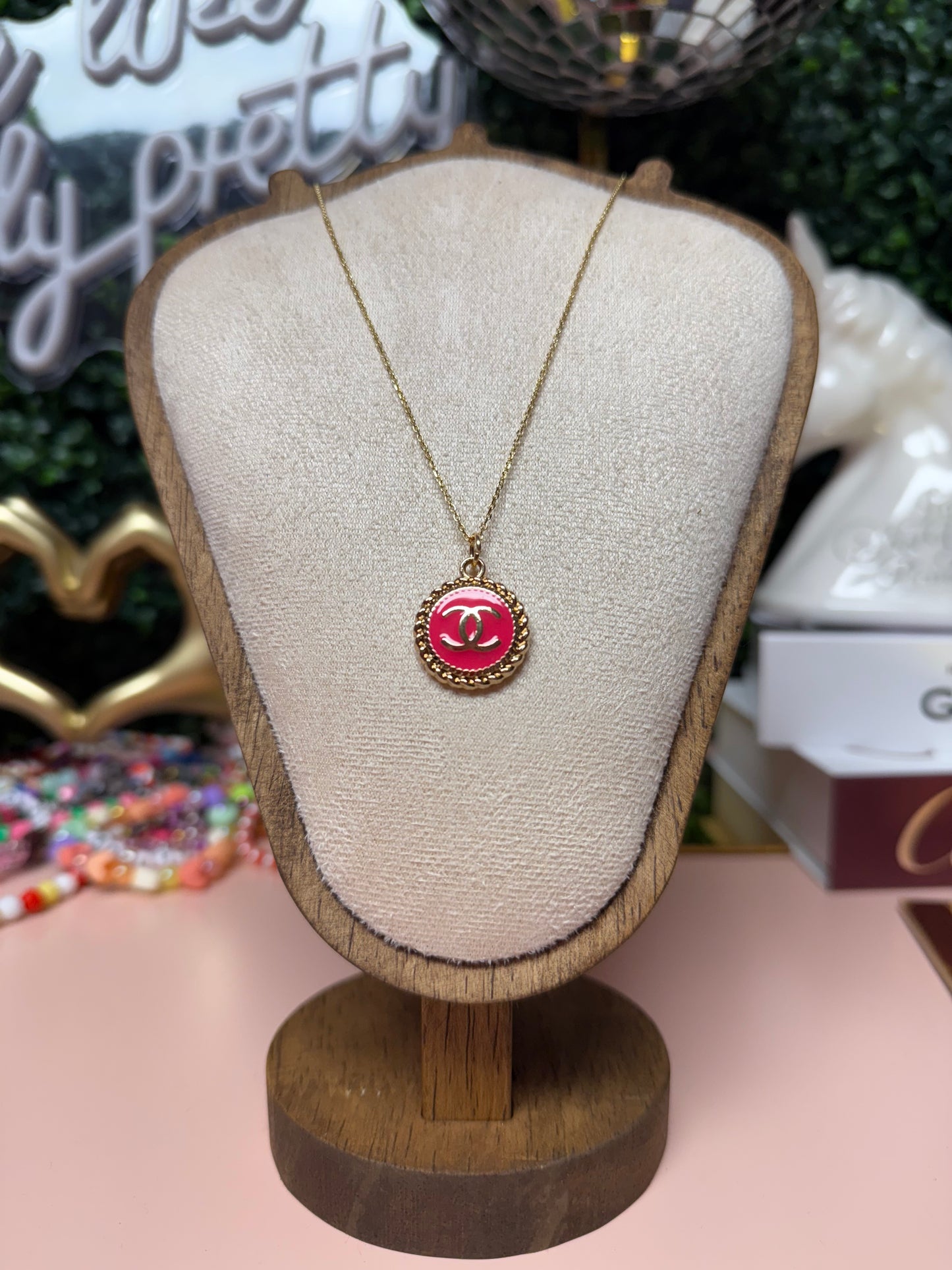 LOVER ERA Upcycled Lux CC Charm Necklace in Bright Pink