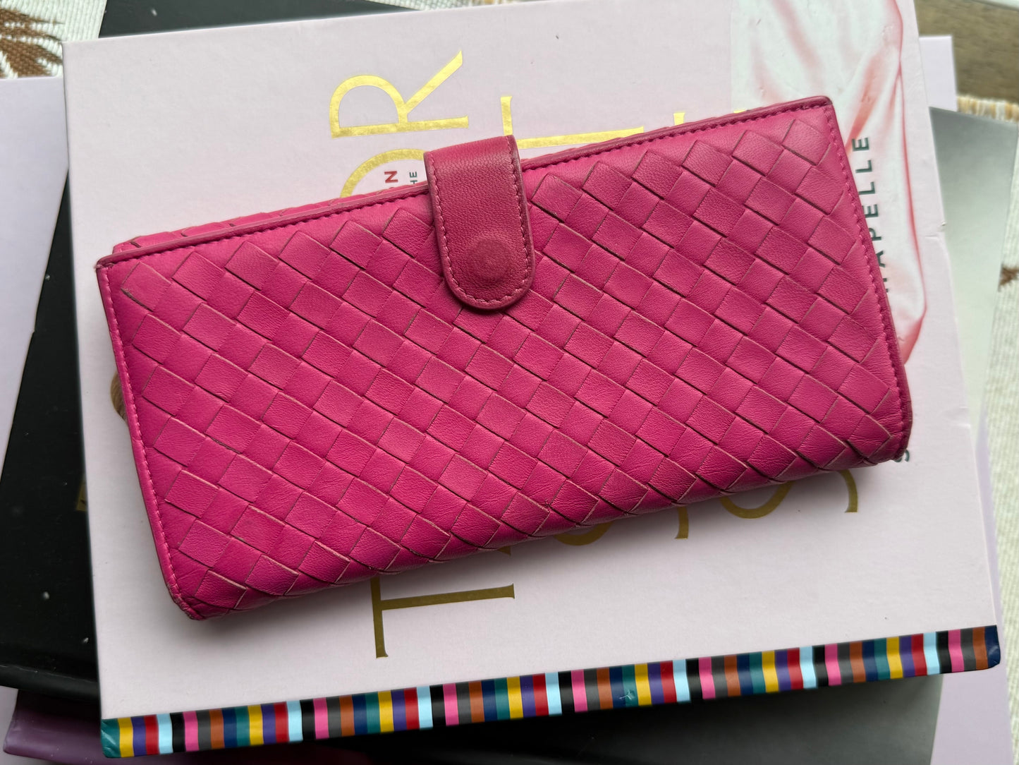 Authentic Preloved Bright Pink Bottega Long Wallet on Chain
