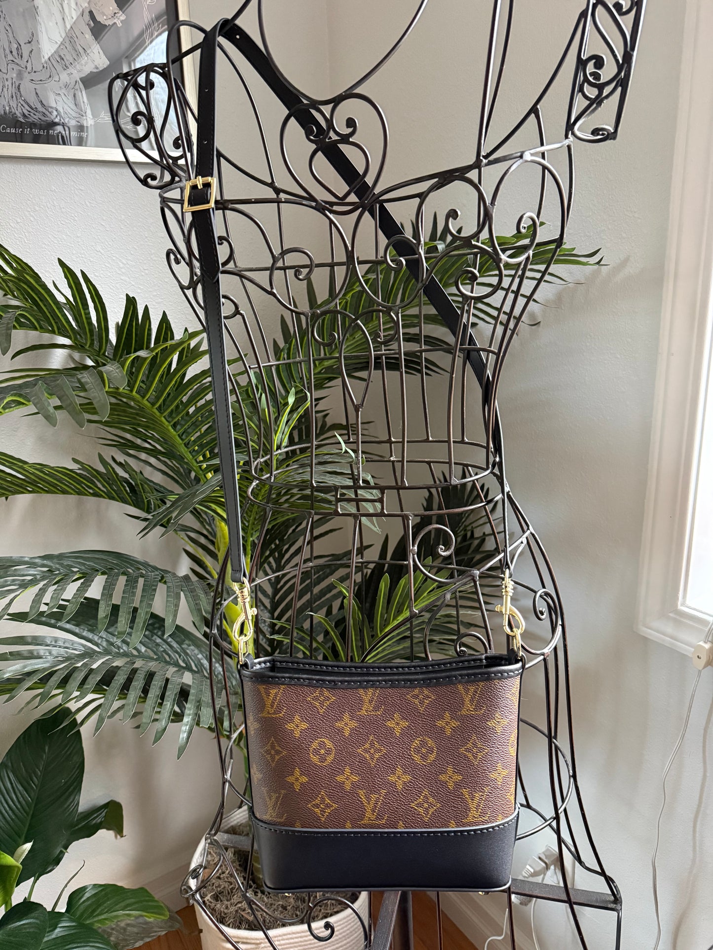 Handmade Mono + Black Leather Crossbody Bucket Bag