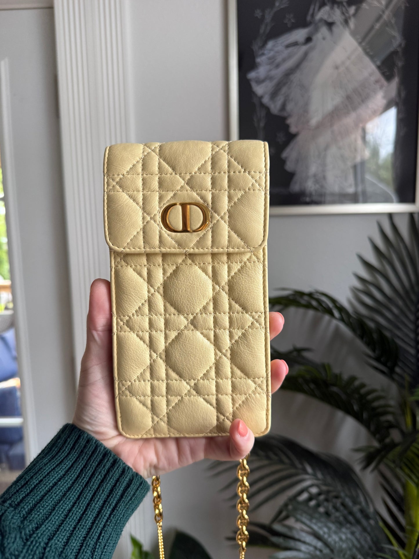 Authentic Preloved Christian Dior Caro Phone Holder with Chain in beige calfskin