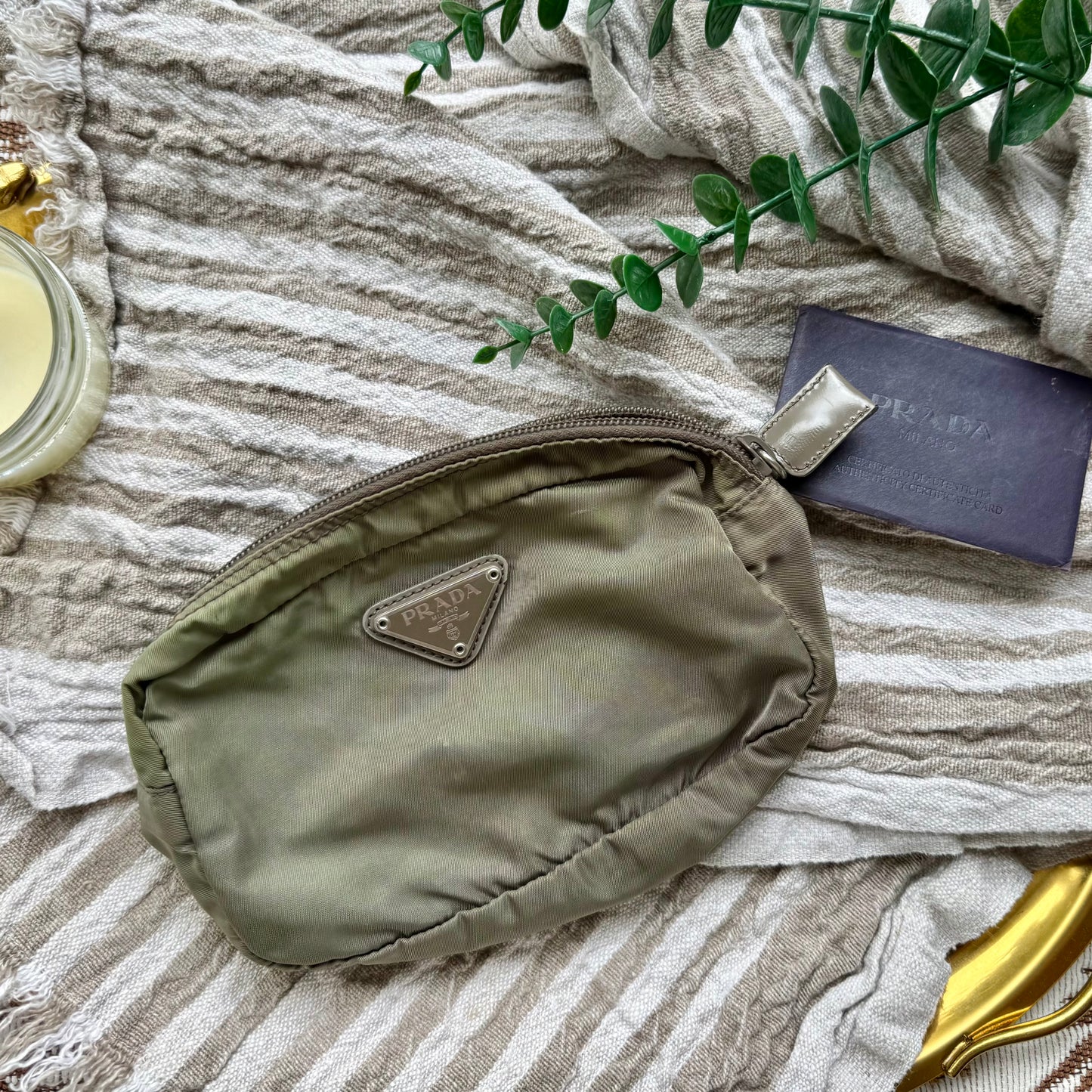 Luxury Authentic Preloved Vintage P R A D A Cosmetics Bag in Military Green