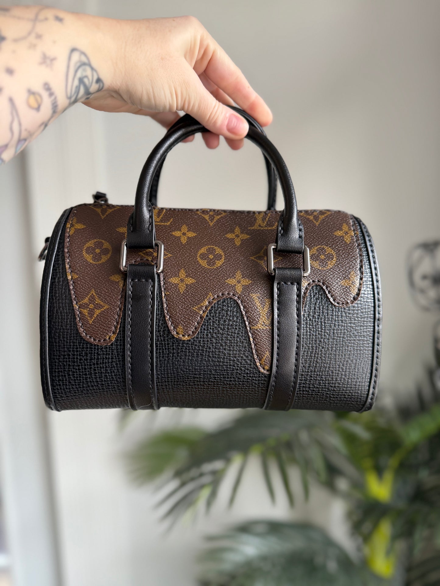 GOOEY V - Handmade Upcycled Drippy Mono + Leather Boston Bag