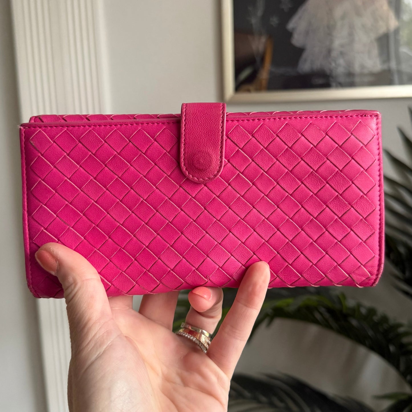 Authentic Preloved Bright Pink Bottega Long Wallet on Chain