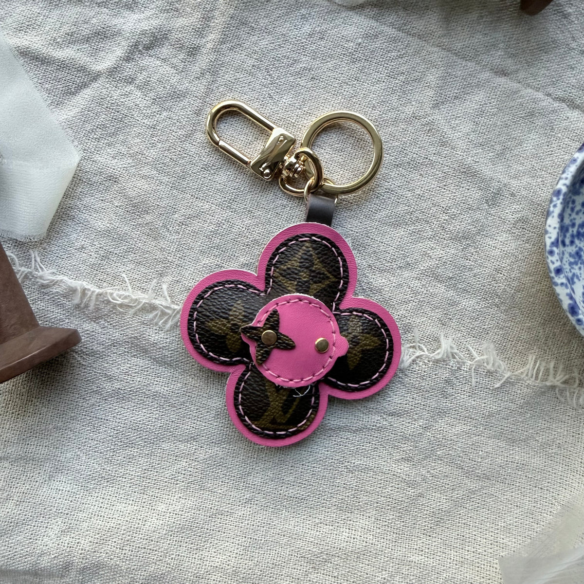 Handmade Flower Doll Bag Charm in Bright Pink
