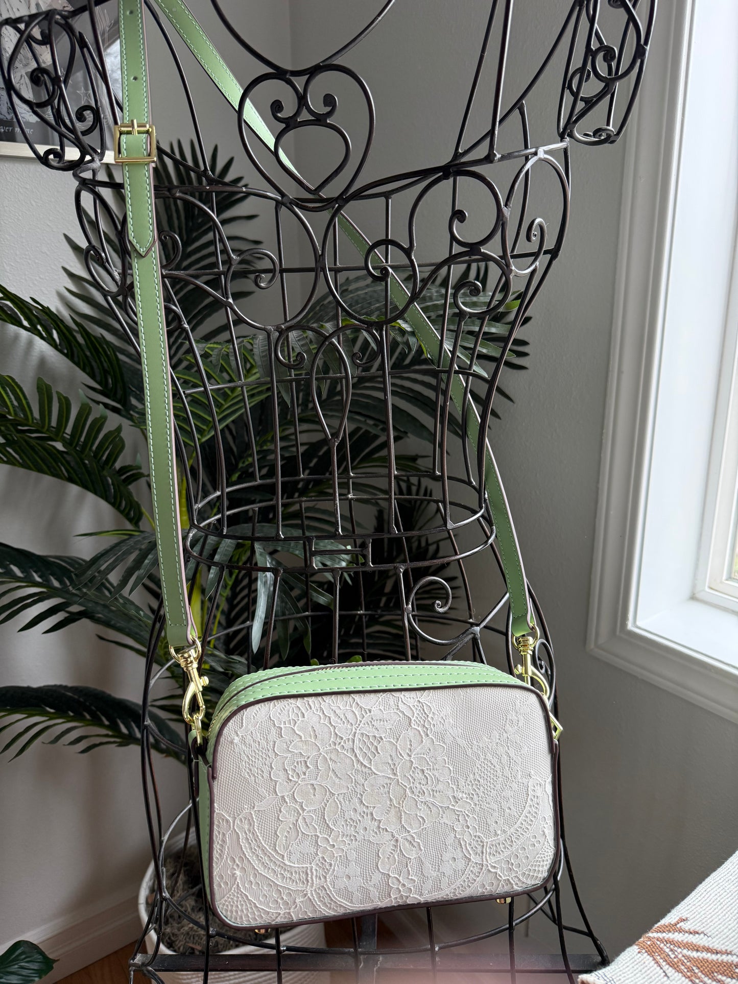 { AMERICANA } Handmade Mono Camera Crossbody Bag - Green + Lace