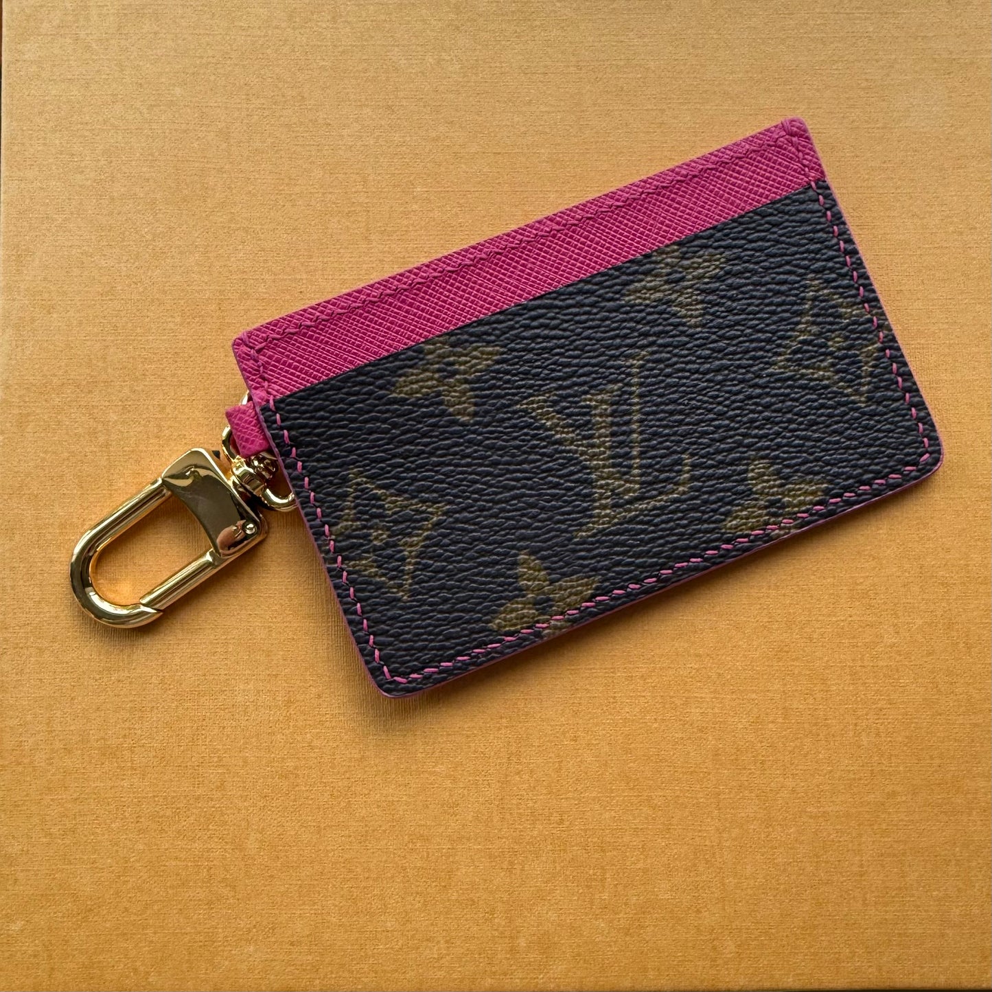 {HOLIDAY} Handmade Bright Pink Leather + Mono Keychain Card Wallet